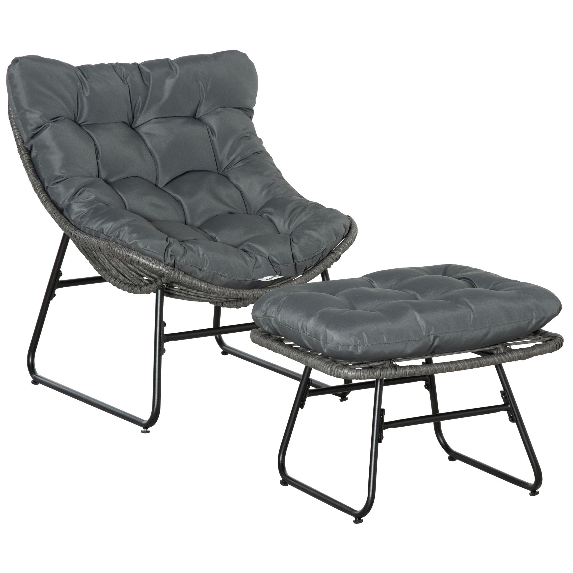 Rattan Relax Chair with Footstool, Garden Chair with Thick Cushions Outdoor Rattan Chair Garden Chair for Garden, Balcony, Patio Gray