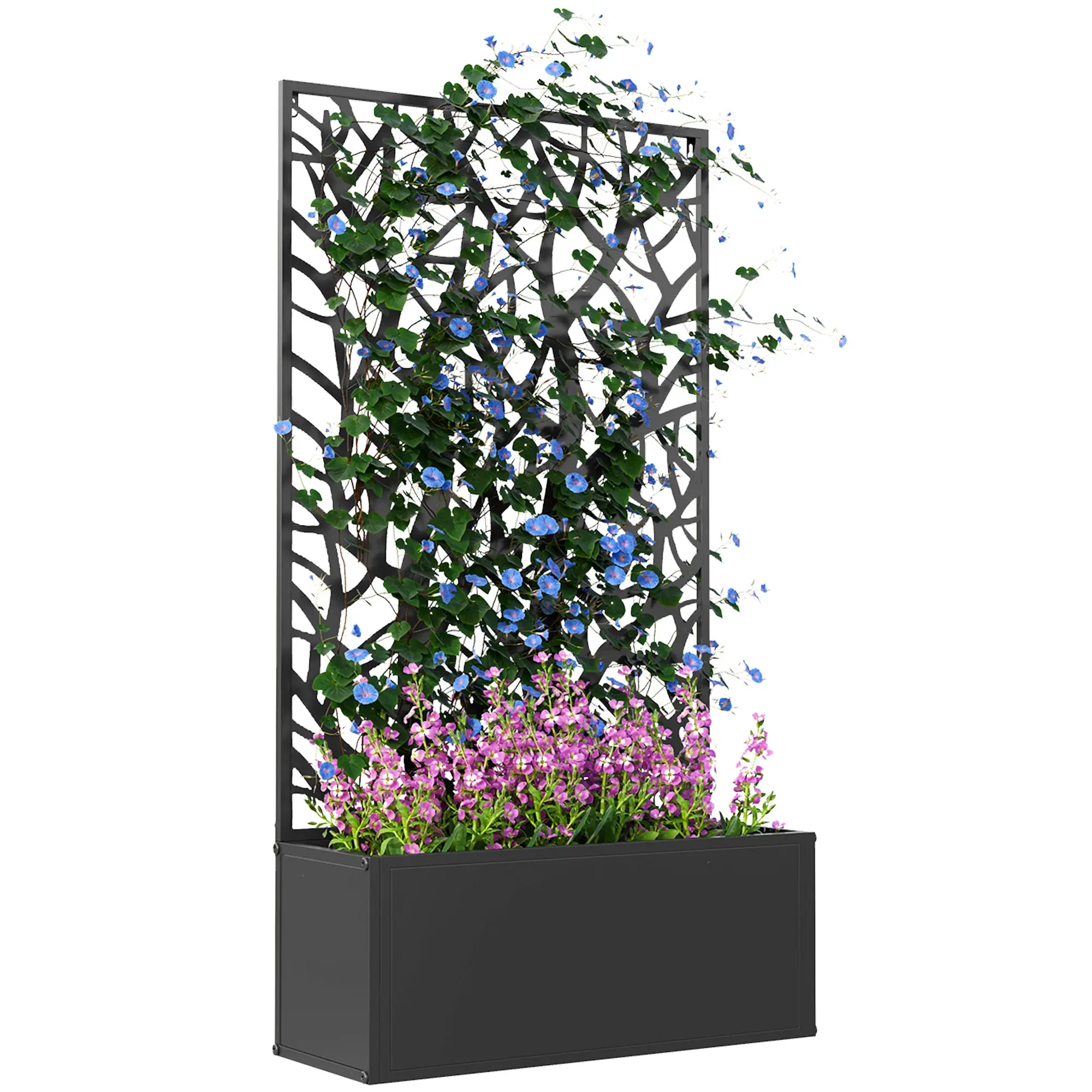 Large Outdoor Metal Planter Planter with Decorative Leaf Privacy Screen Wall or Freestanding Planter for Patio Terrace 61x23x113 cm Black