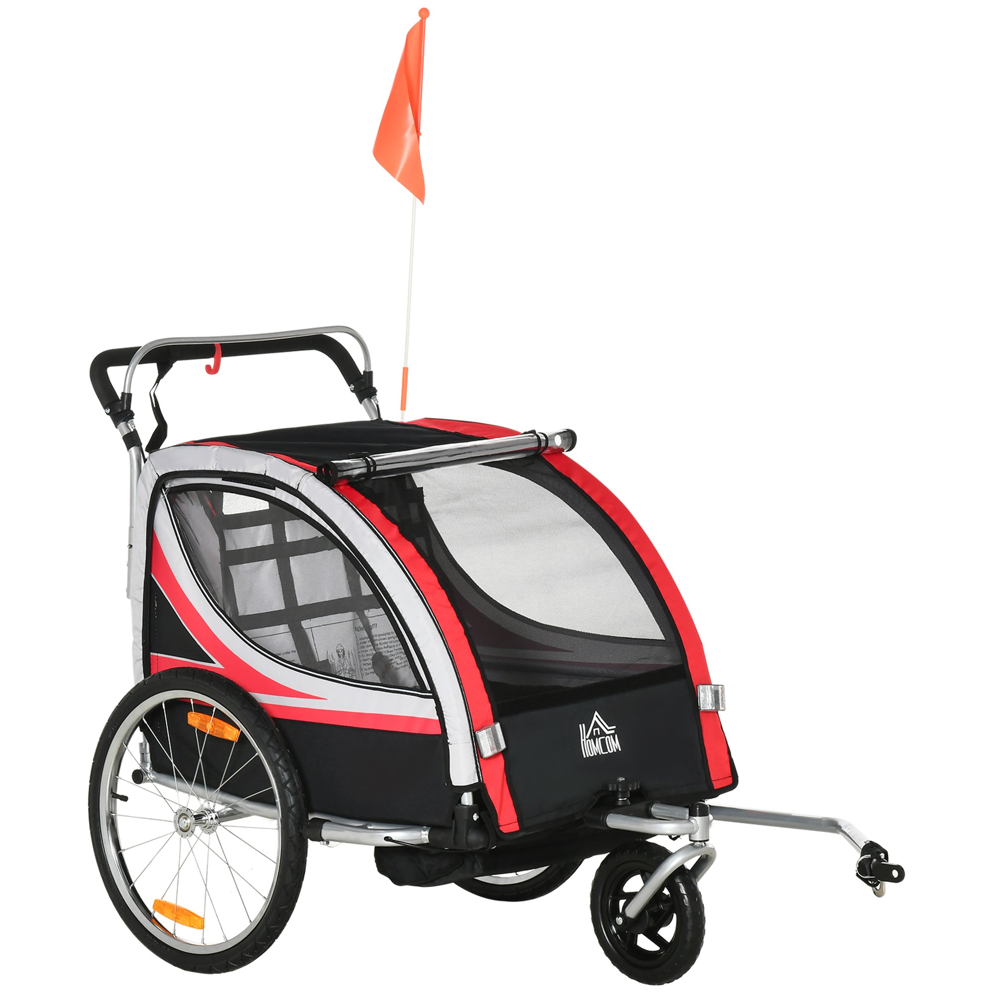 HOMCOM 2-i-1 Sammenklappelig Børne Trailer Cykel Trailer med Aftageligt Forhjul, Bagbremser, Børne Cykel Trailer til 2 Børn fra 18 Måneder, op til 26,4 kg lastekapacitet, Rød