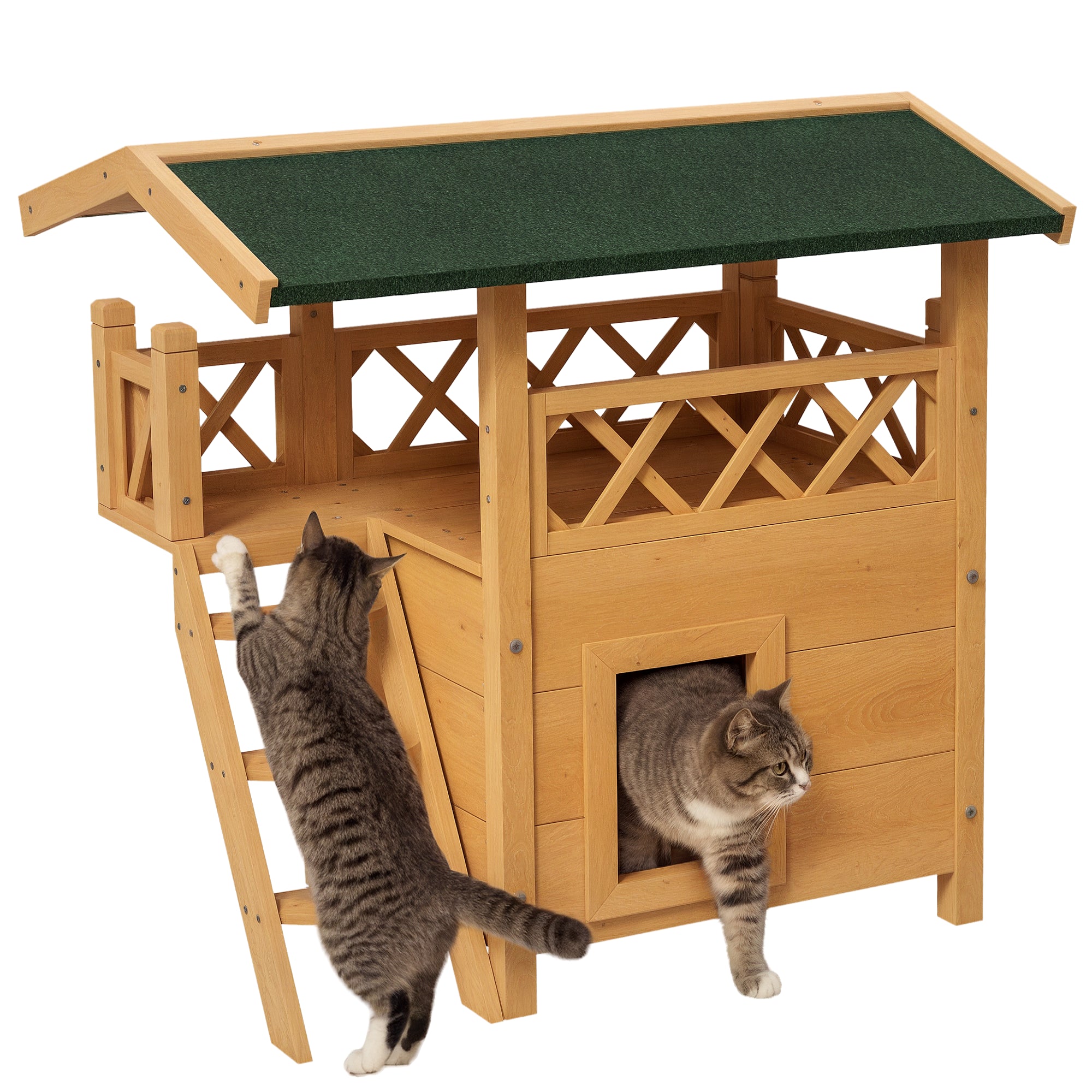 PawHut Kattehus med Tag af Asfalt, 2-Story, Katte Cottage med Balkon, Katte Villa med Trapper, Massivt Træ, Naturlig, 77 x 50 x 73 cm
