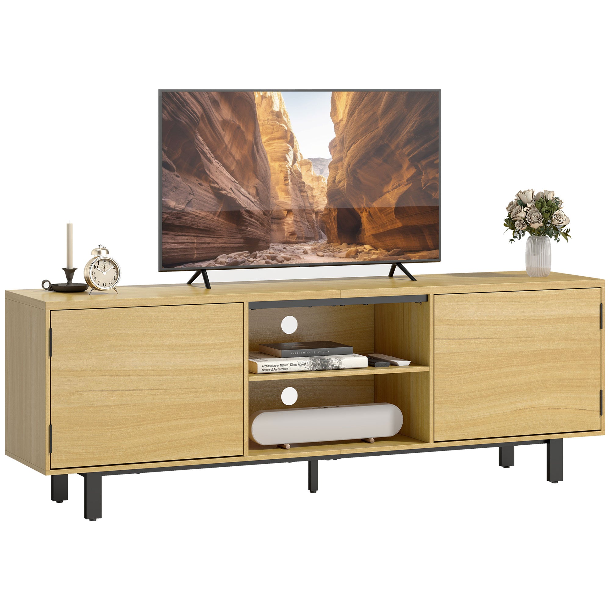 HOMCOM TV-Board 160 cm – für bis zu 165 cm (65") TVs, 2 drucköffnende Türen & 2 offene Fächer, Metallbeine, Naturholz-Optik