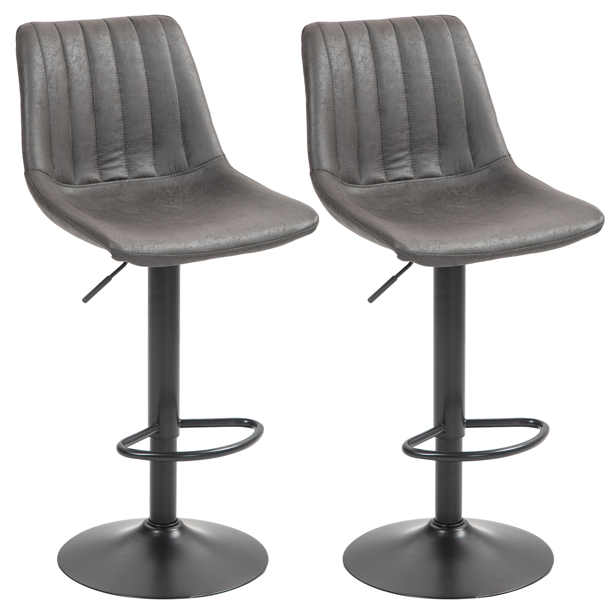 Set of 2 Microfiber Bar Stools – Adjustable Height, 360° Swivel, Padded Seat & Back with Footrest, Metal Base, for Kitchen Island, Dark Gray