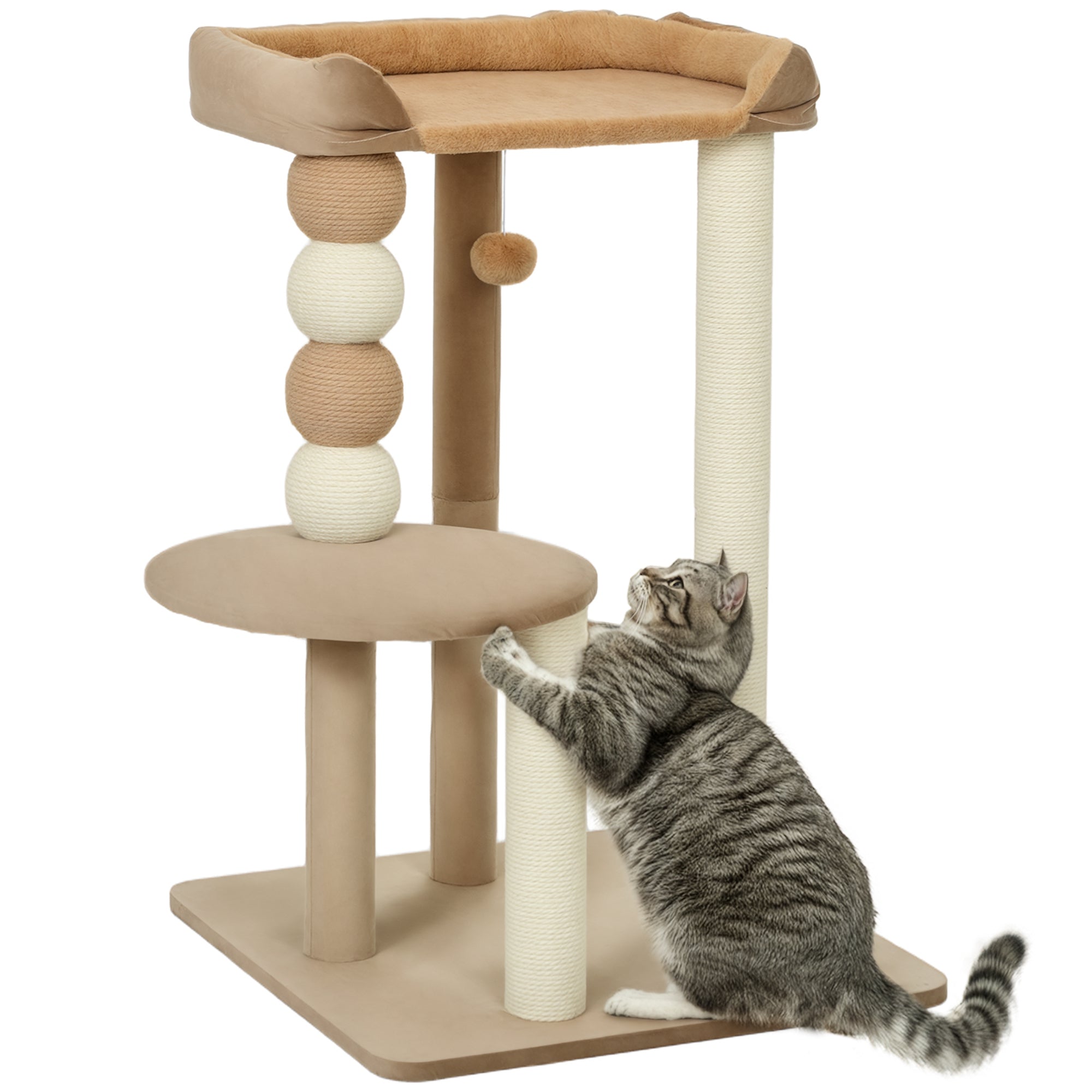 PawHut Katte træ 86 cm med springplatform, seng, leg bold, katte kløpind med jute kløpinde til katte op til 7 kg, Kaffe