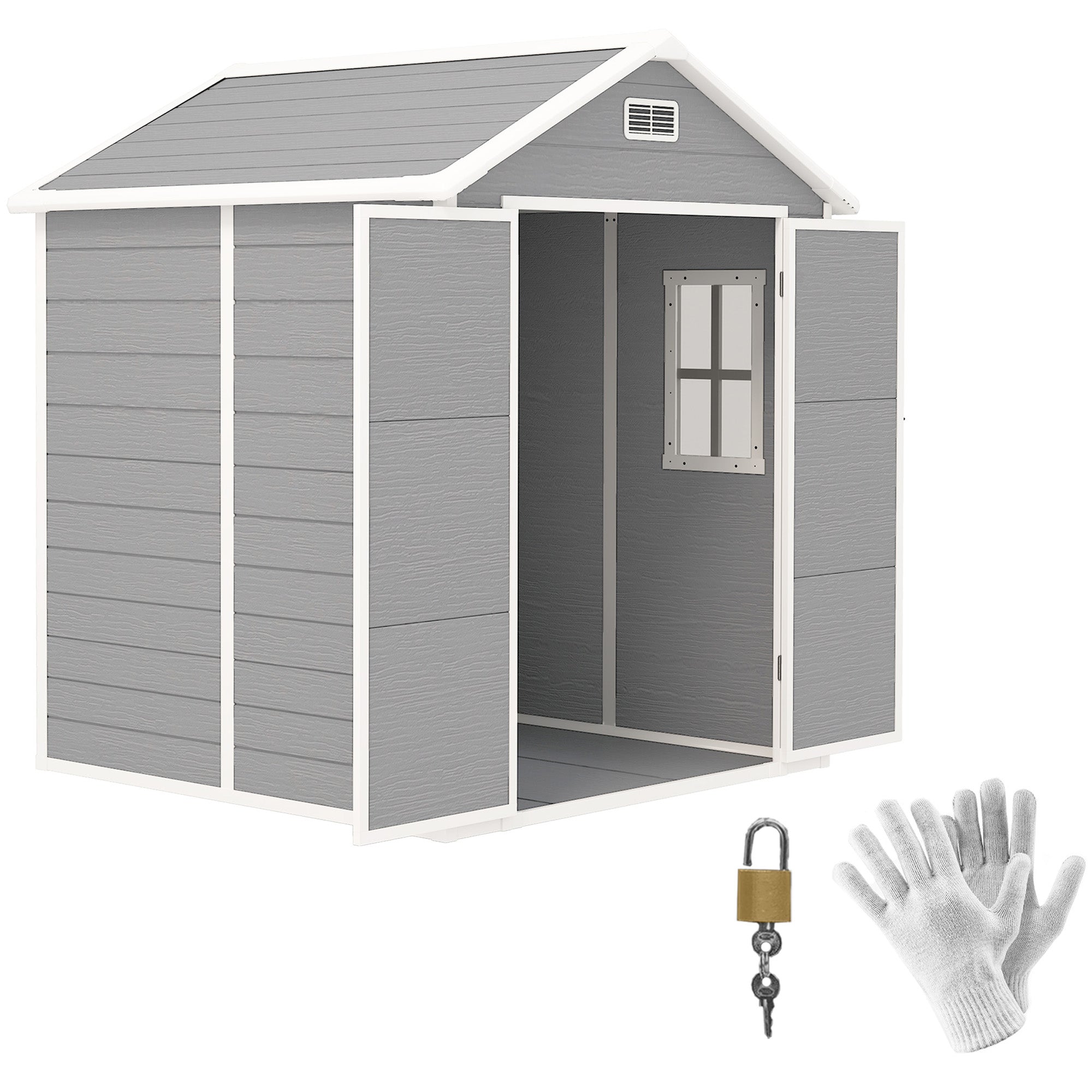 Tool Shed 2.4m?, Waterproof Garden House with Floor Pent Roof, 182x151x219/181 cm, Tool Shed with Lockable Door, Window, Plastic Bike Garage for Backyard, Garden, Grey