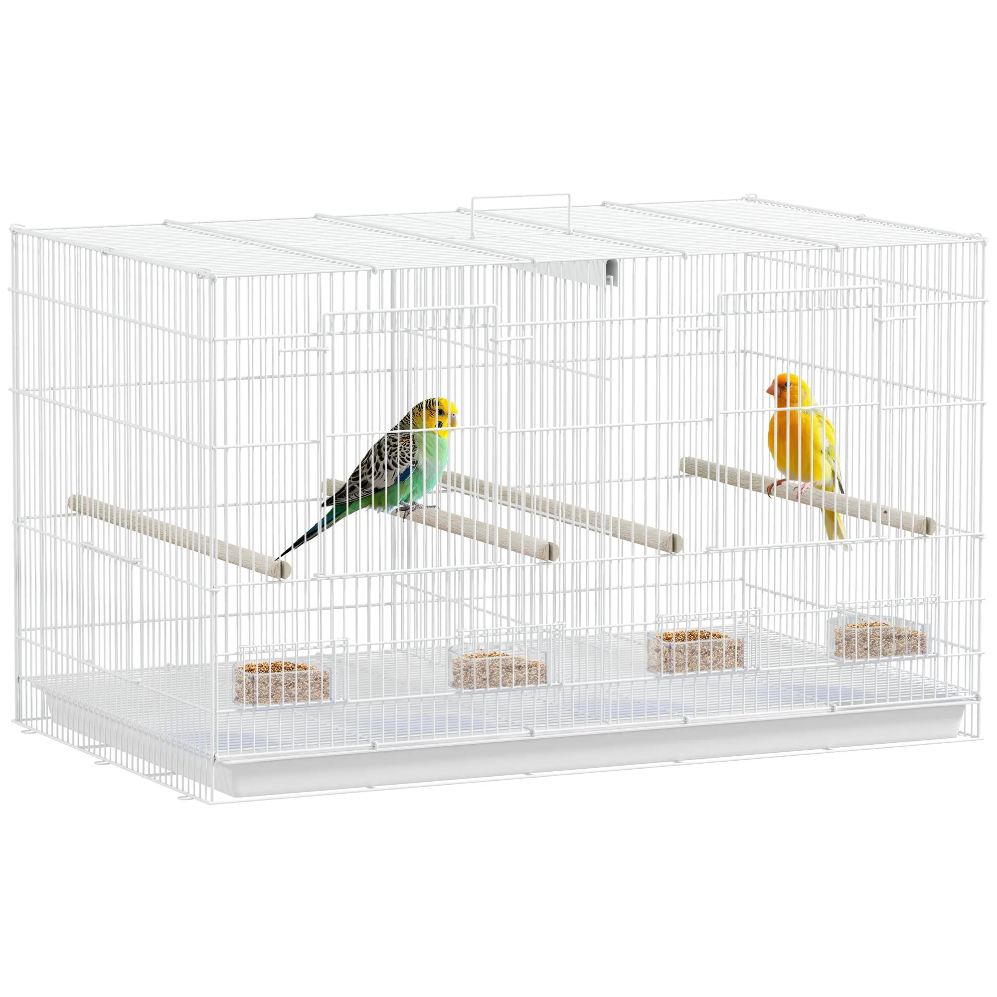 Bird Cage with Divider, Large Flight Cage for Budgies & Canaries, 4 Perches, 4 Feeders, Removable Tray, Safe Bar Spacing 1.2 cm, White
