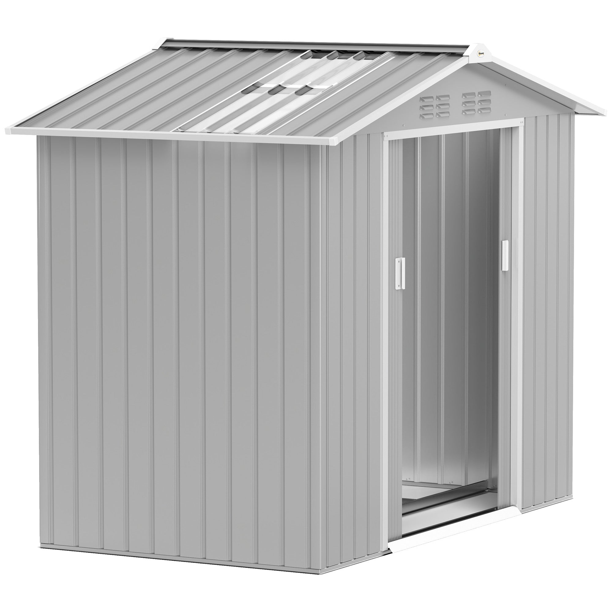 Garden Shed 2.42m? with Reinforcement Base No Floor 213x130x185 cm Outdoor Garden Shed with Sliding Doors Skylight 4 Windows for Tool Storage Gray Silver