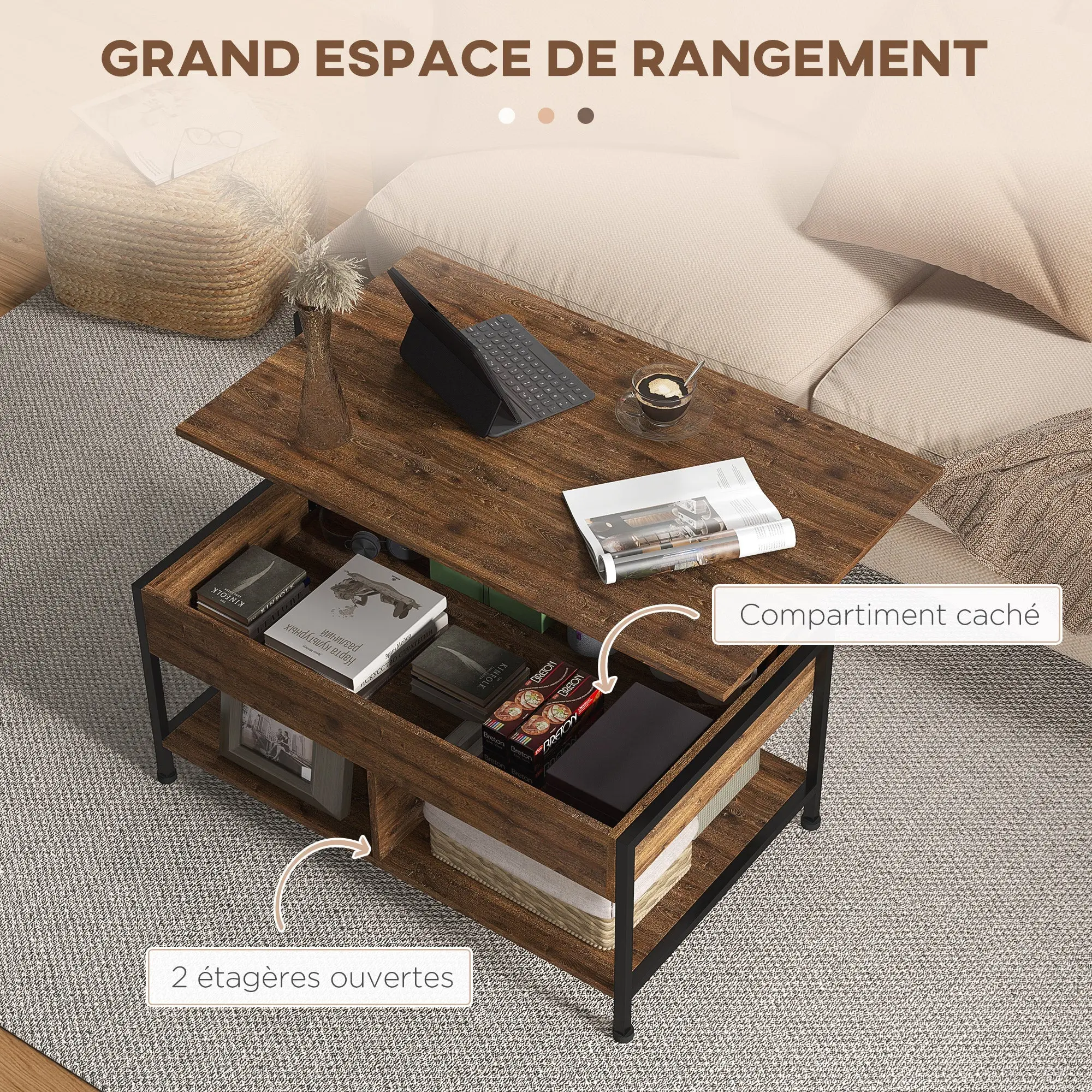 Lift-Top Coffee Table - Lower Shelf, Storage Chest - dim. 100L x 80W x 60H cm - rustic black wood look