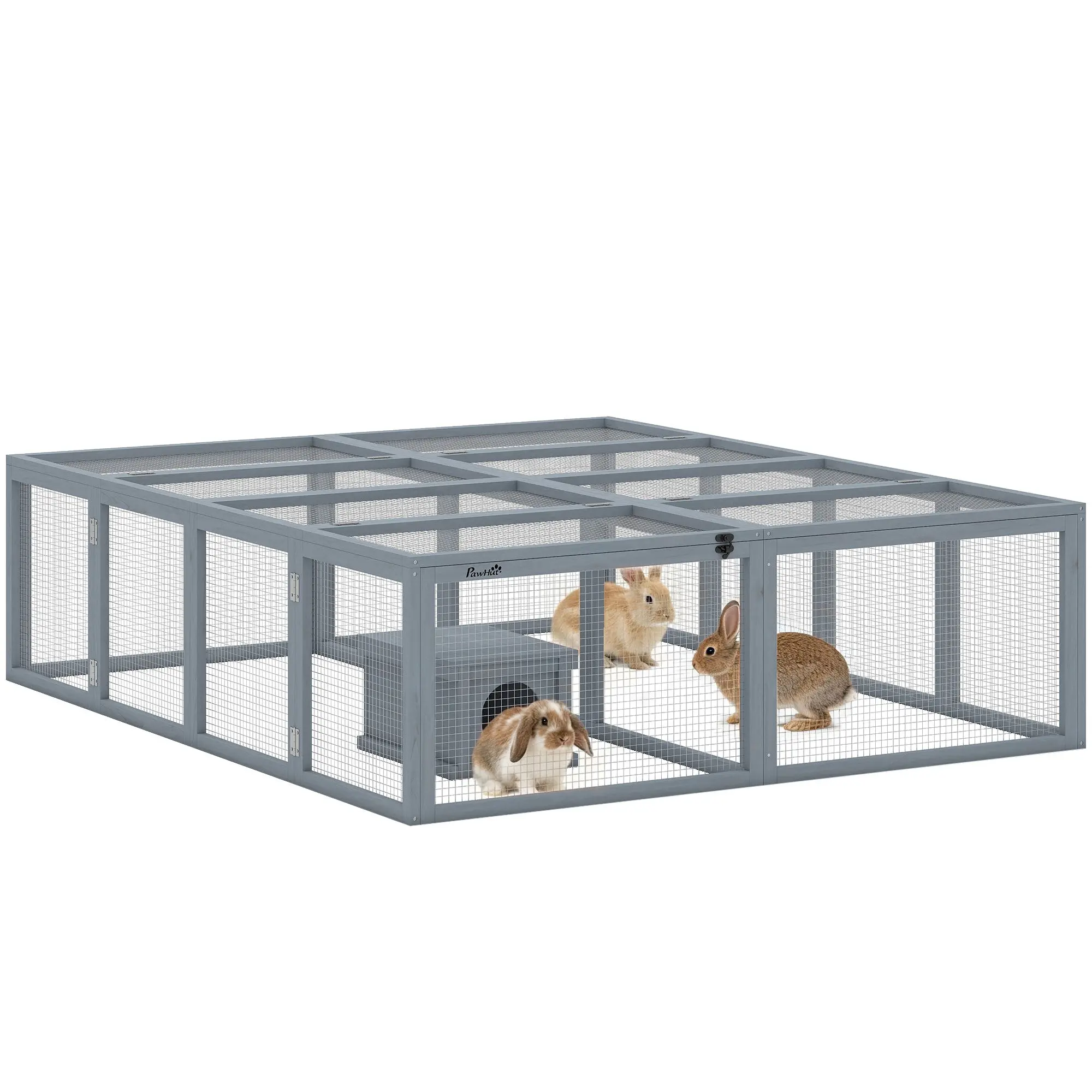 Outdoor Rabbit Run with Shelter, 180.4 x 150 x 48 cm (71" x 59" x 19") — Gray