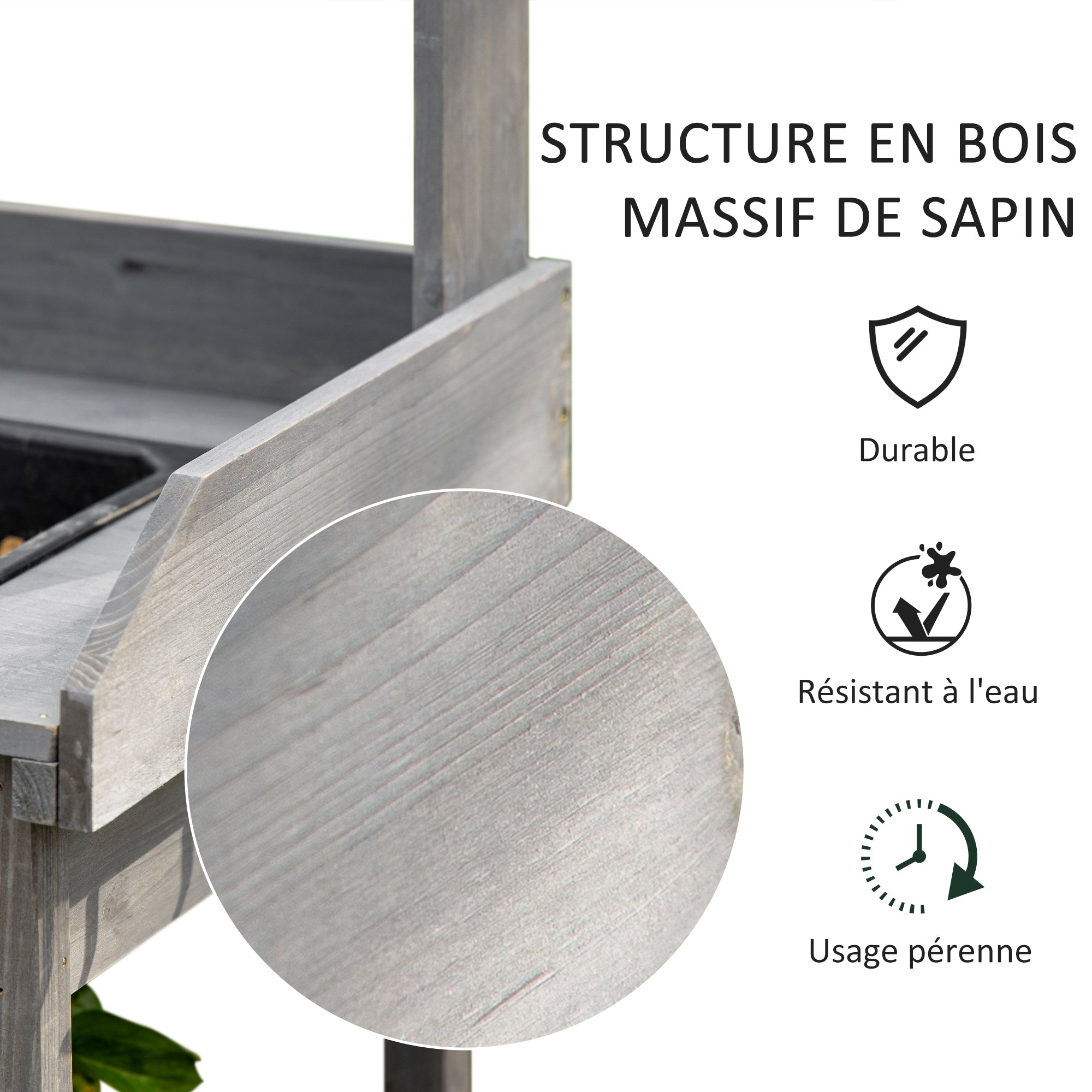 Table de Rempotage Multifonctionnelle Outsunny avec Tiroir, 3 Étagères, Évier et 3 Crochets - Table en Bois d'Épicéa Pré-Huilé Gris