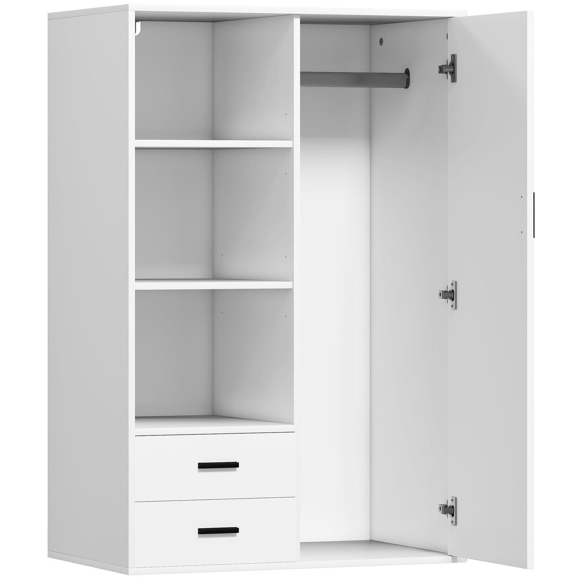 HOMCOM Moderner Kleiderschrank mit 2 Schubladen, verstellbaren offenen Regalen, Kleiderstangen-Fach, Kleiderschrank für Schlafzimmer und Eingangsbereich, 80x50x124 cm, Weiß