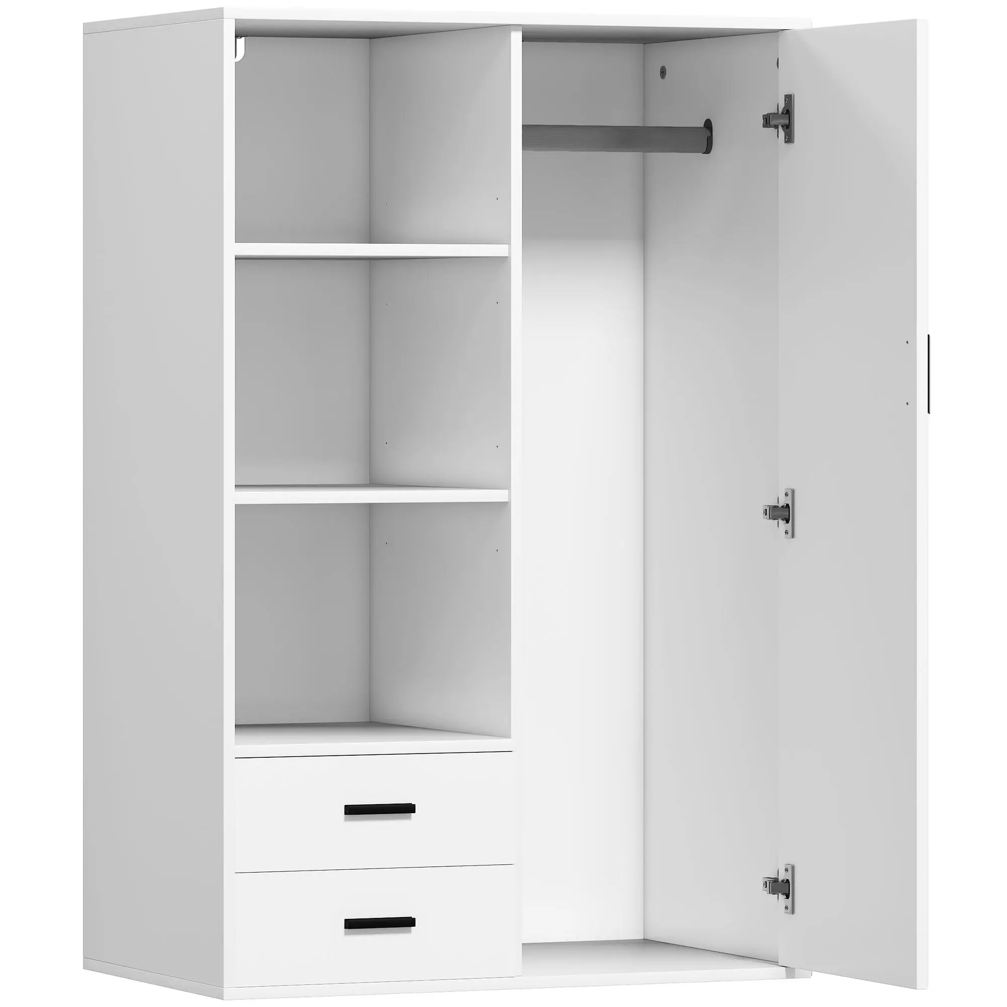 Modern Wardrobe with 2 Drawers, Adjustable Open Shelves, Hanging Rail Compartment, Wardrobe for Bedroom and Entryway, 80x50x124 cm, White