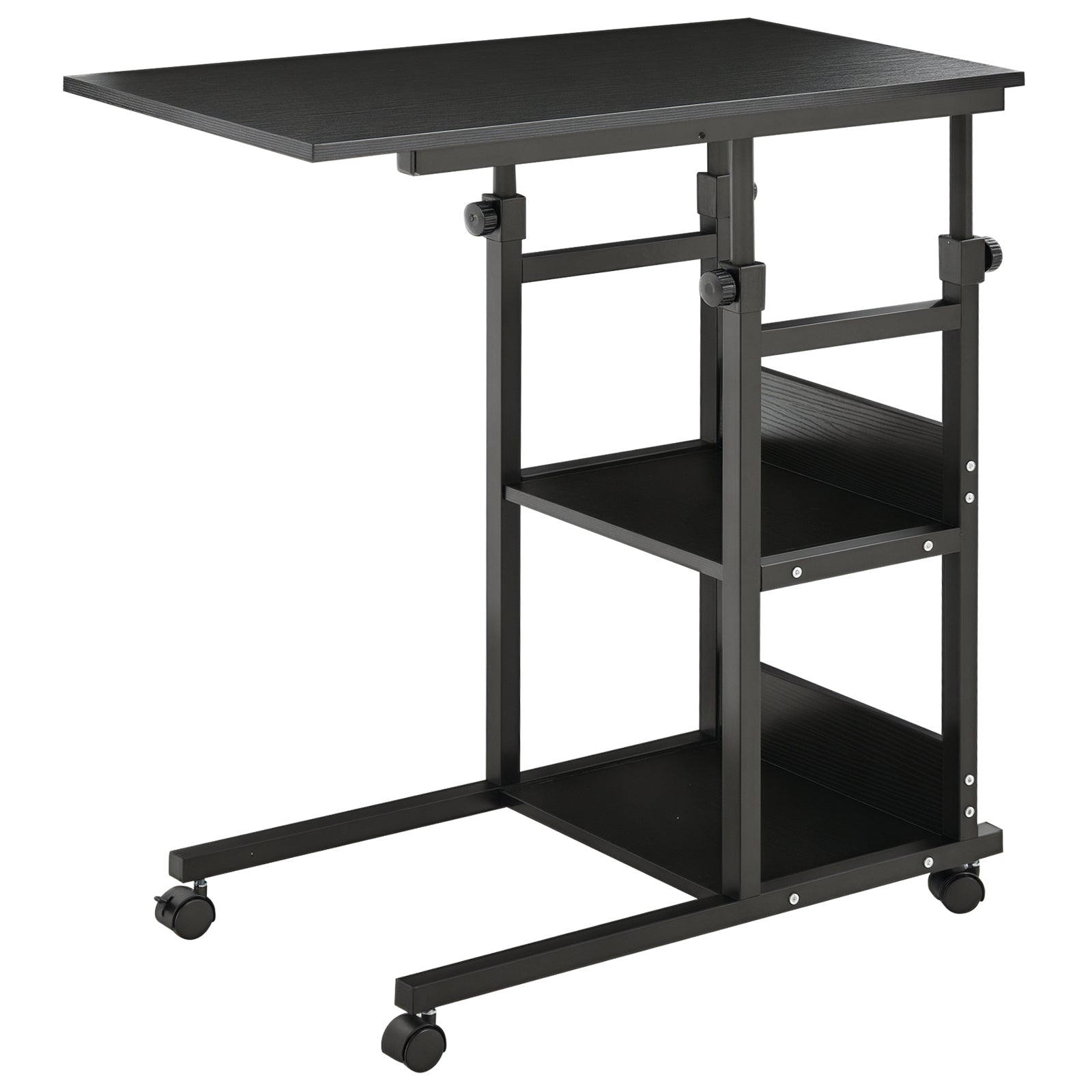 HOMCOM Stolek se Společkami 80x40 cm C-Formovaný Pohovkový Stolek s Nastavitelnou Výškou 3 Úrovně 72-82 cm Kovový Rám pro Obývací Pokoj a Kuchyni Černý