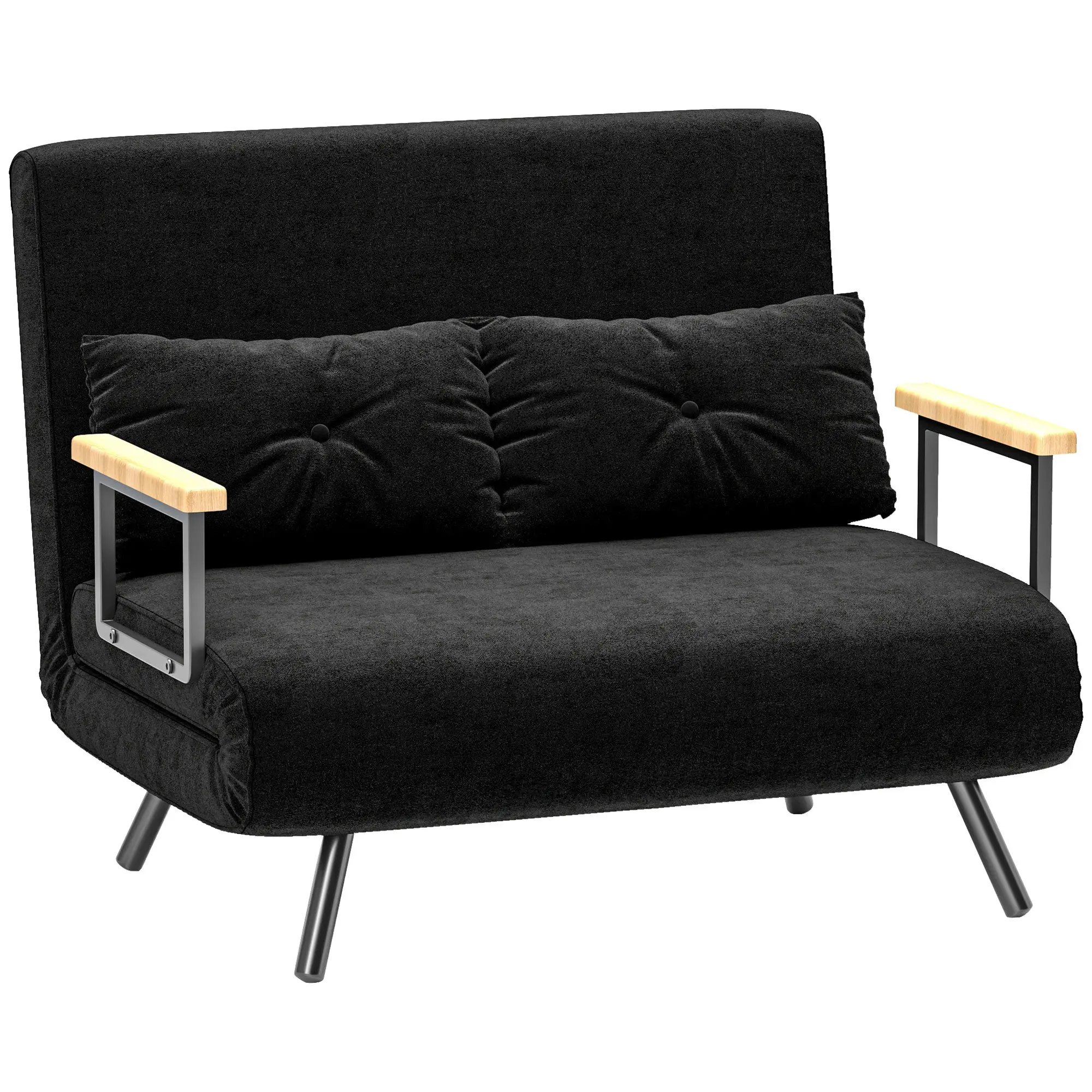 2-Seater Sofa Bed Foldable Upholstered in Velvet with 5 Adjustable Backrest Levels and Padded Pillows for Office Bedroom Living Room 102x73x81 cm Black