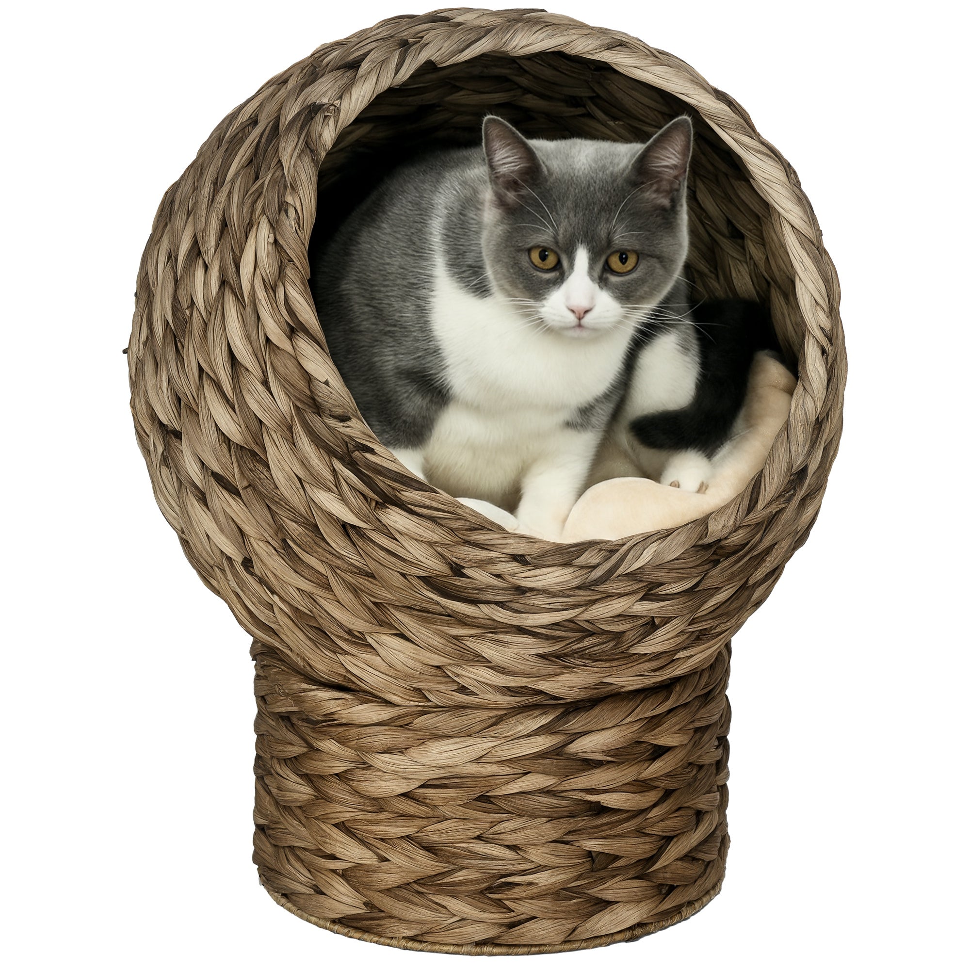 PawHut Rattan Katzennest Katzenhöhle Katzenhaus Katzenbett mit Kissen Wasserhyazinthe Kaffee 42 x 33 x 52 cm