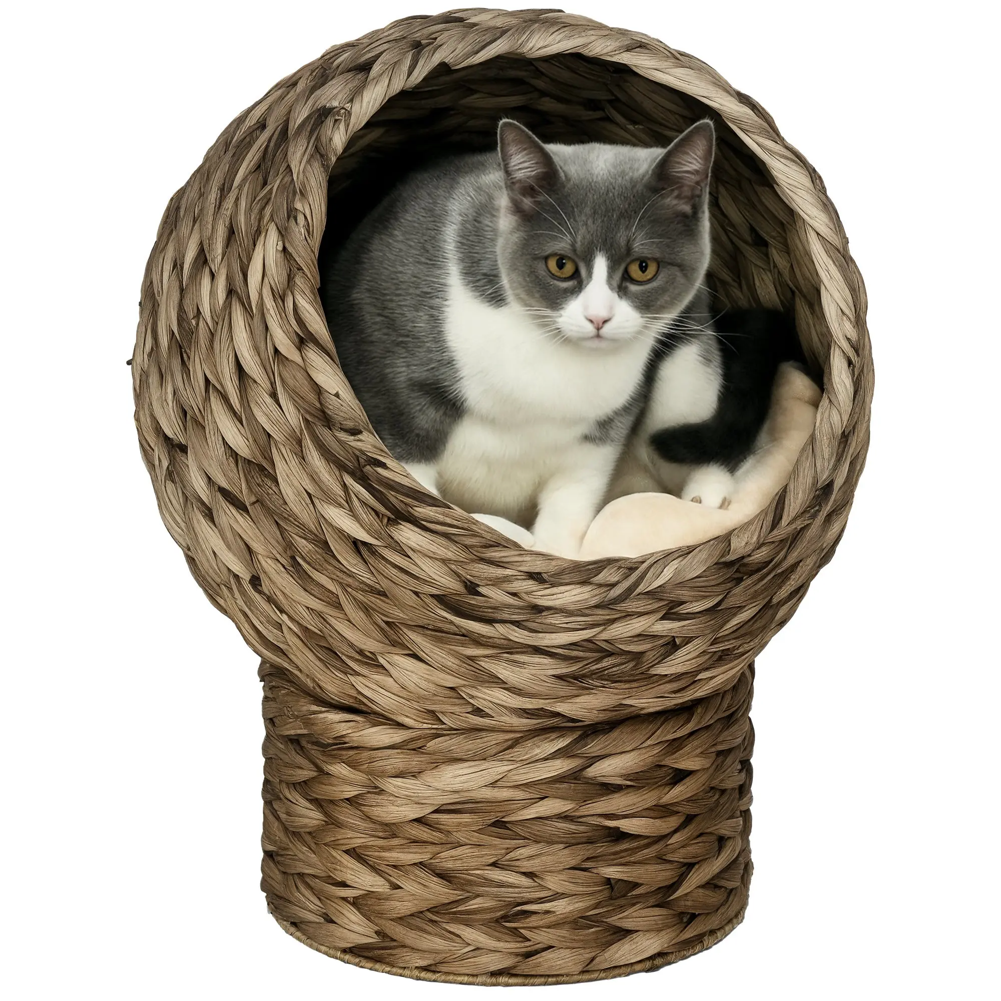 Rattan Cat Basket Cat Cave Cat Cottage Cat Bed with Cushion Pet Bed Water Hyacinth Coffee 42 x 33 x 52 cm