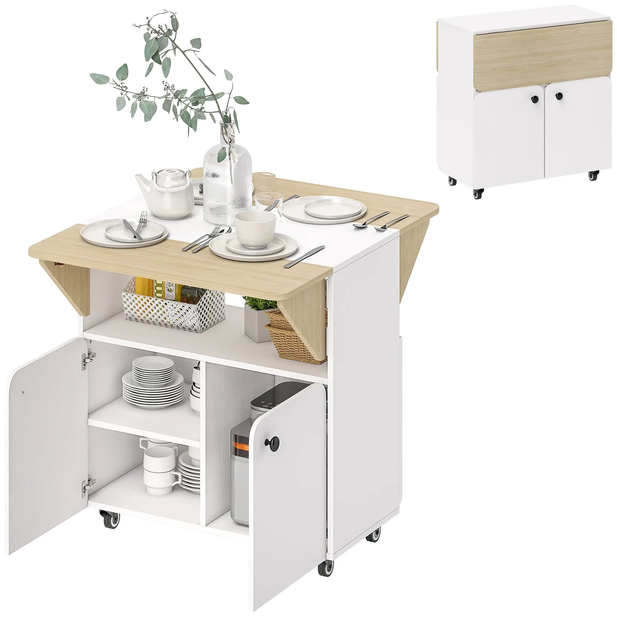 Folding Dining Table on Casters for 4 with Two Drop Leaves, Shelf & Cabinet — Space-Saving Kitchen Table, 27.6 x 32.7 x 29.5 in, White