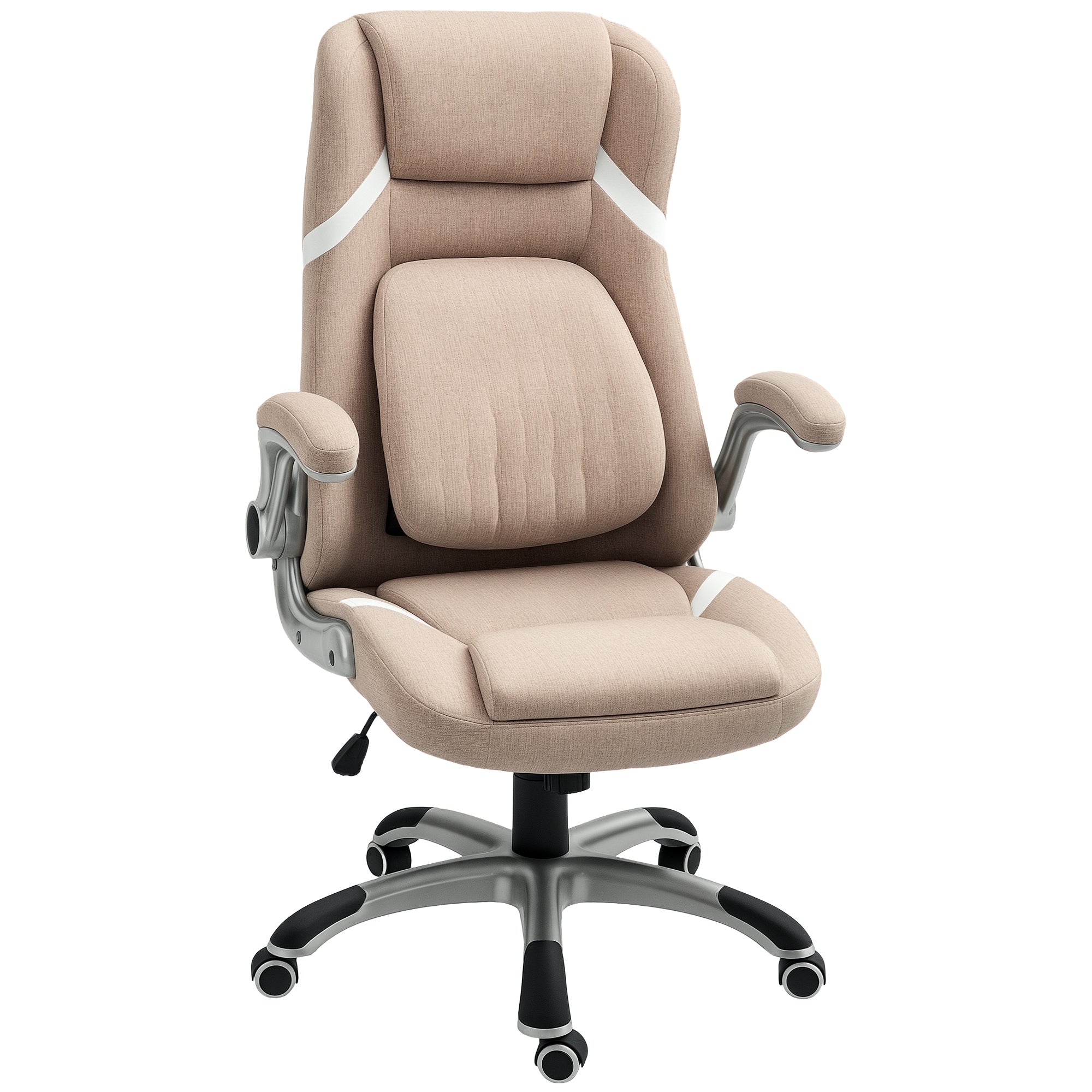 Ergonomic Office Chair with Flip-up Arms and Headrest, Swivel Desk Chair with Lumbar Support, Adjustable Height and Rocking Function in Fabric for Study, Light Brown
