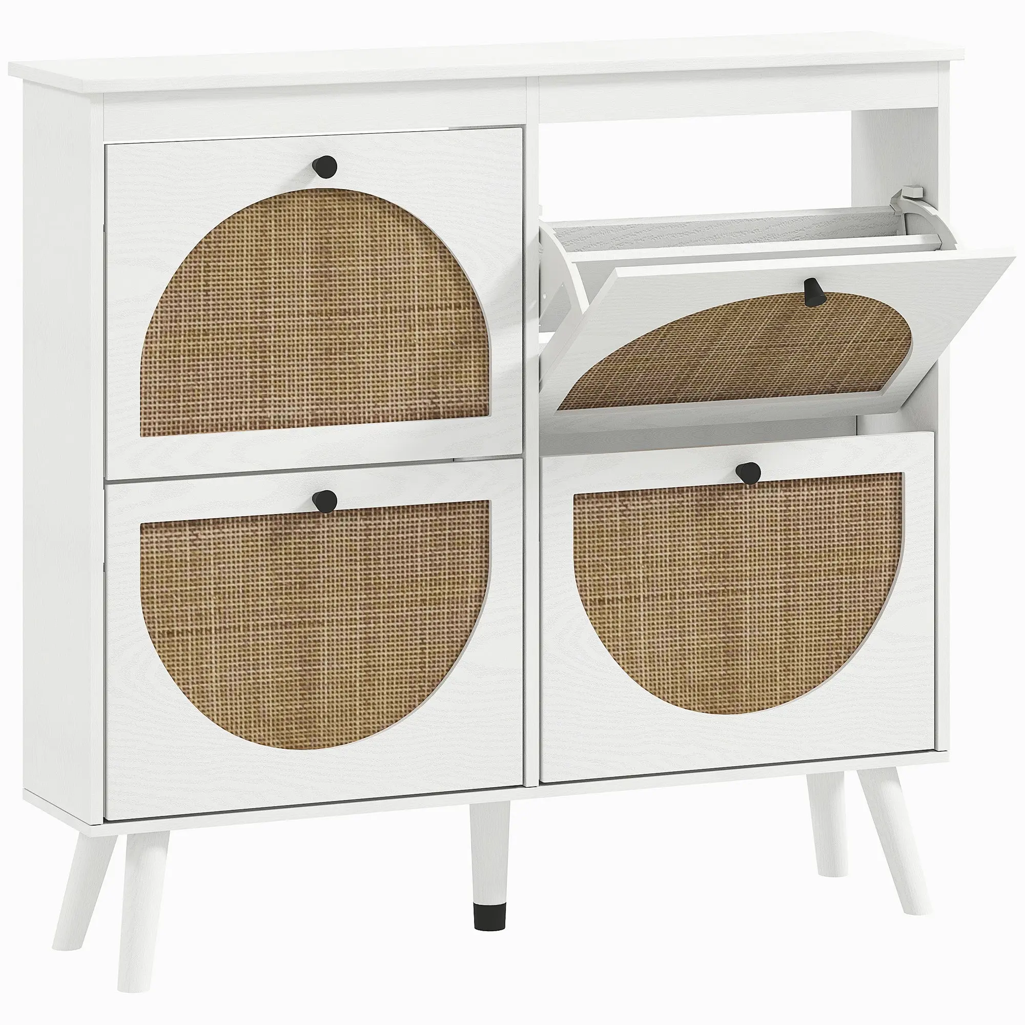 Shoe Cabinet Shoe Rack 4 Folding Doors 20 Pairs with Adjustable Shelf Bohemian Style Solid Wood Legs 105 x 24 x 97.5 cm White