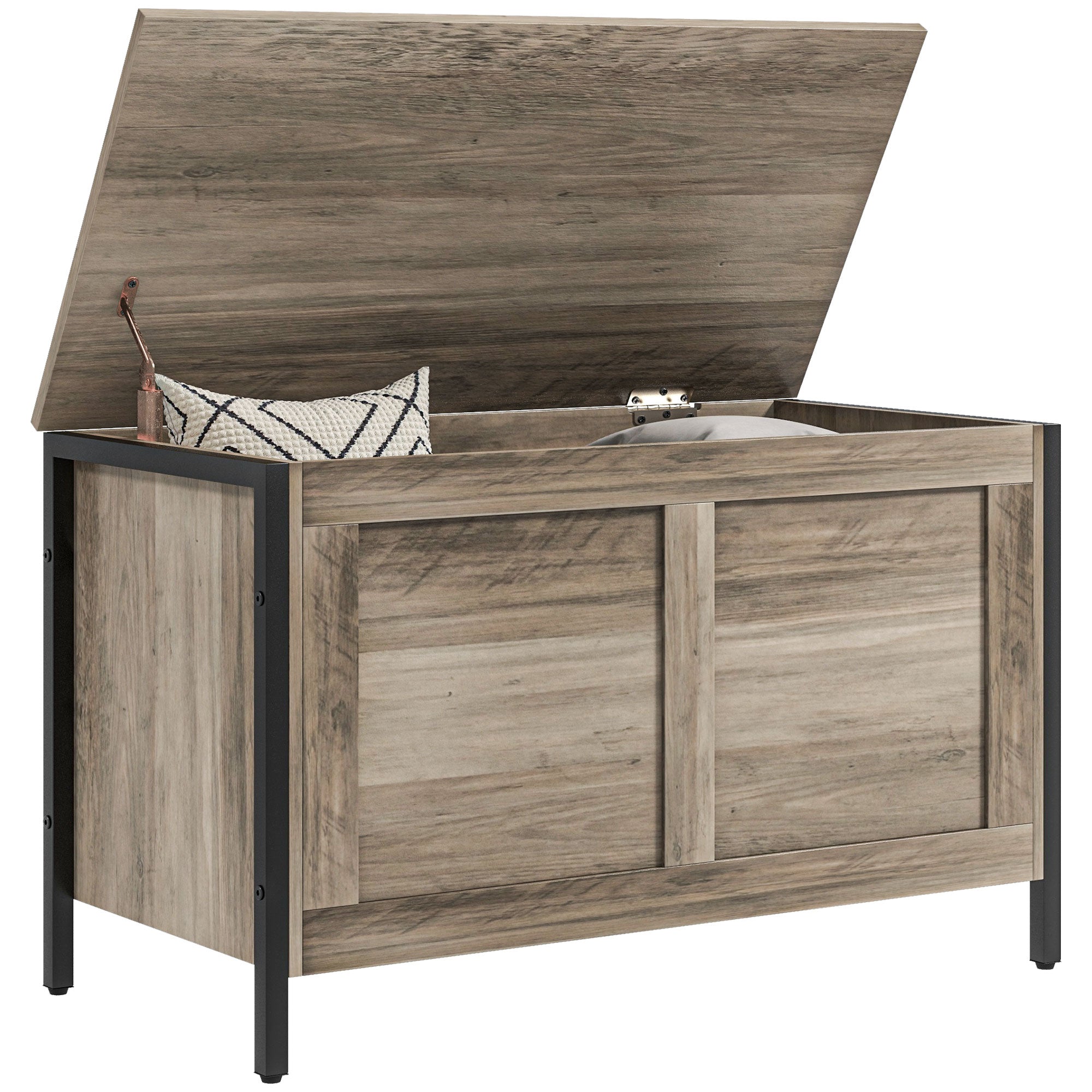 HOMCOM Aufbewahrungstruhe 95 L mit Deckel – Vielseitige Truhe mit Sicherheits-Scharnier für Flur und Wohnzimmer 80x40x50 cm Grau-braun