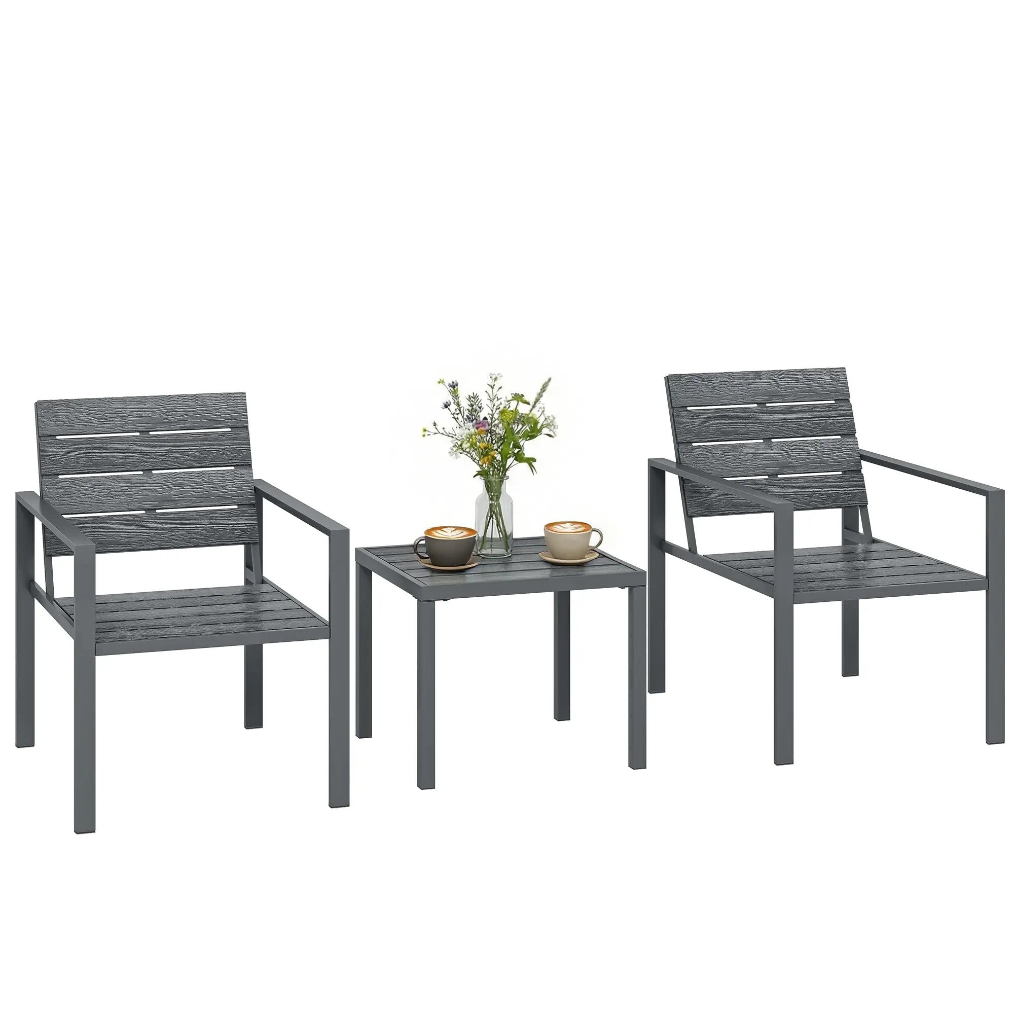 3-Piece Bistro Set — 2 HDPE Garden Chairs & Metal Side Table for Patio and Balcony, Dark Gray
