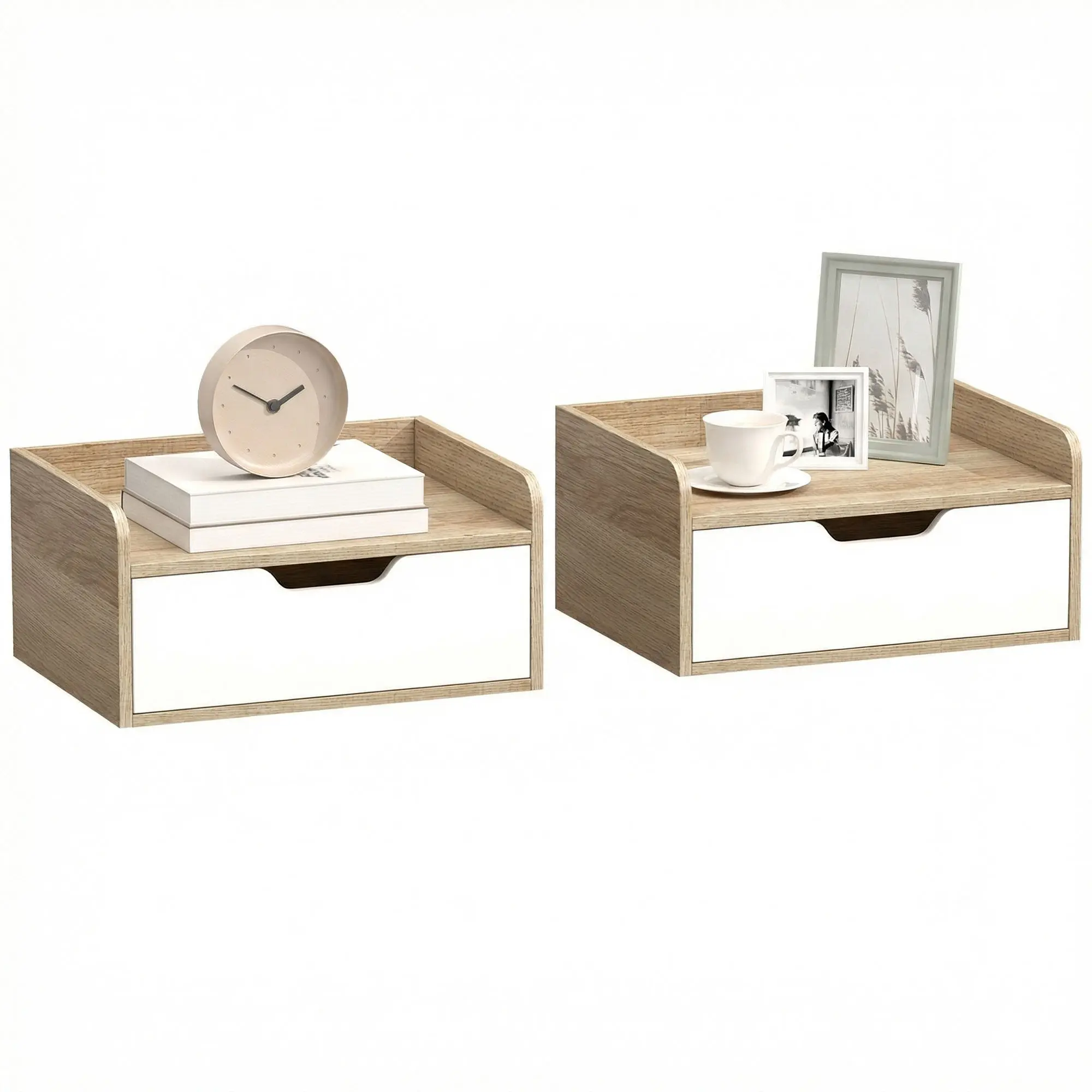 Set of 2 Wall-Mounted Floating Nightstands with Drawer and Raised-Edge Shelf, Modern Style for Bedroom or Living Room, 15.7 x 11.8 x 7.7 in, White & Natural Wood