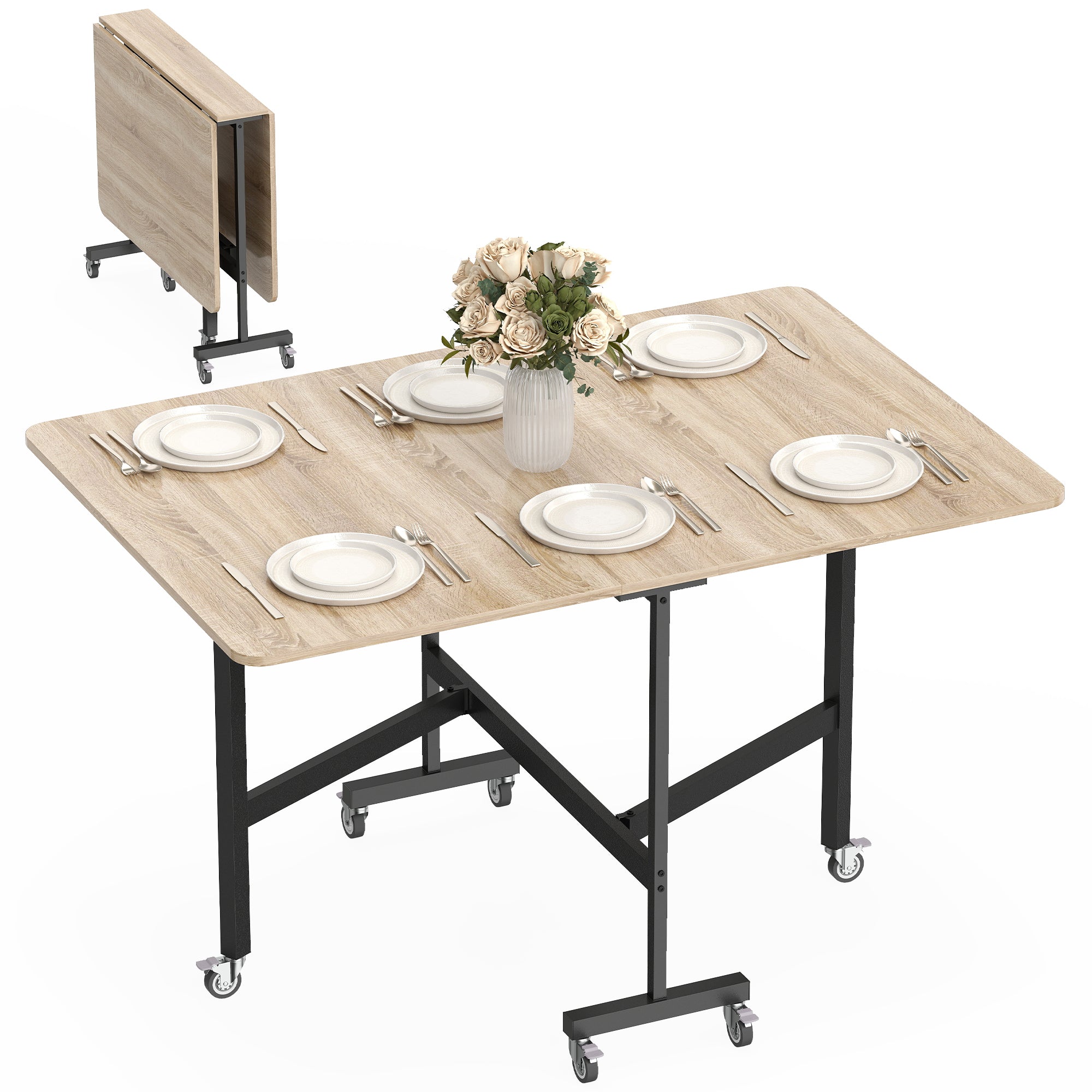 HOMCOM Opvouwbare Eettafel voor 4–6 Personen met Wielen, Stalen Poten, Mobiele Inklapbare Tafel voor Kleine Ruimtes, Keuken & Eetkamer, 120 x 80 x 73 cm, Eiken