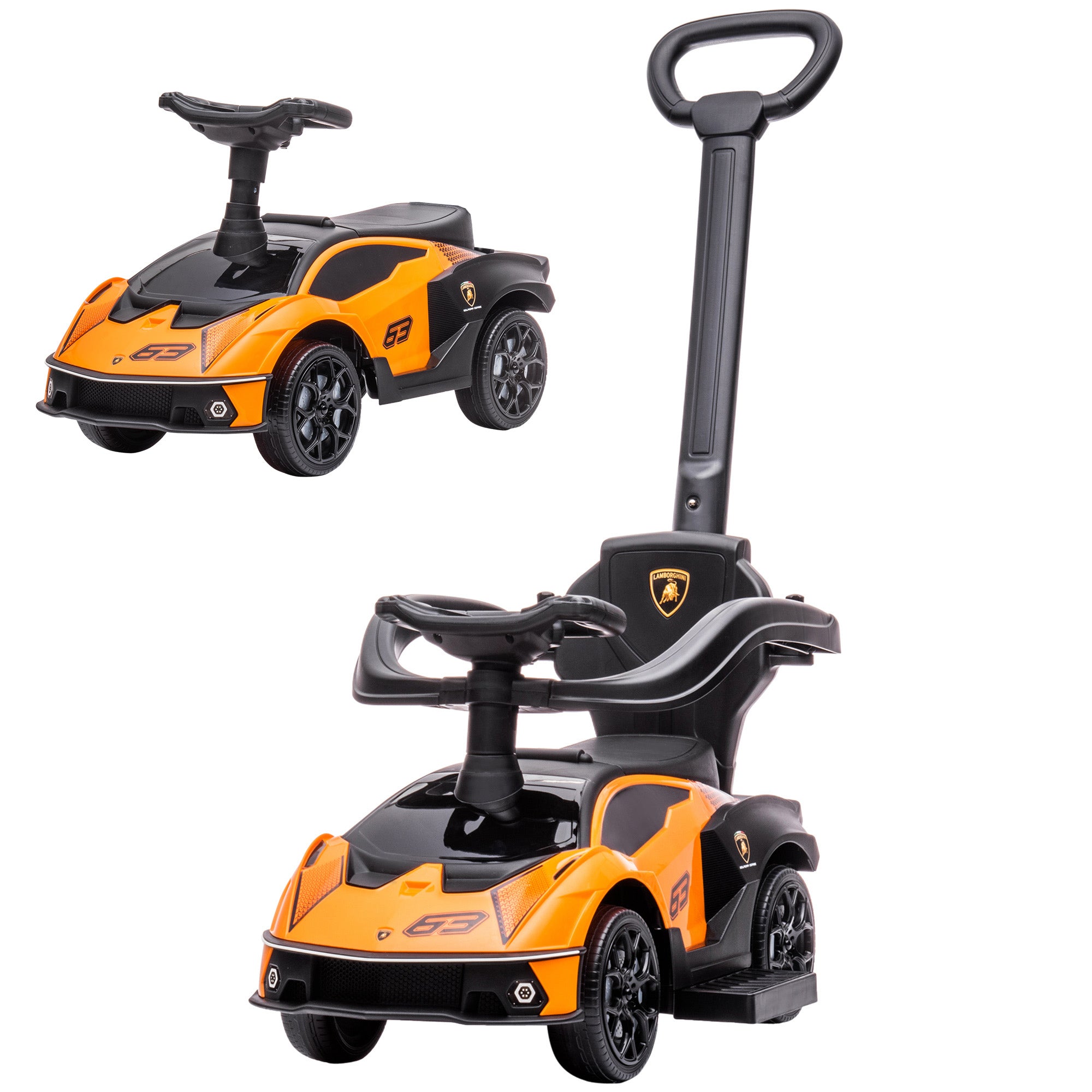 AIYAPLAY 2-v-1 Lamborghini Essenza SCV12 Dětské Odpojovací Auto 12-36 Měsíců S Tlačítkem A Odnímatelnou Rukojetí 86.5x40x89.5 cm Oranžové a Černé