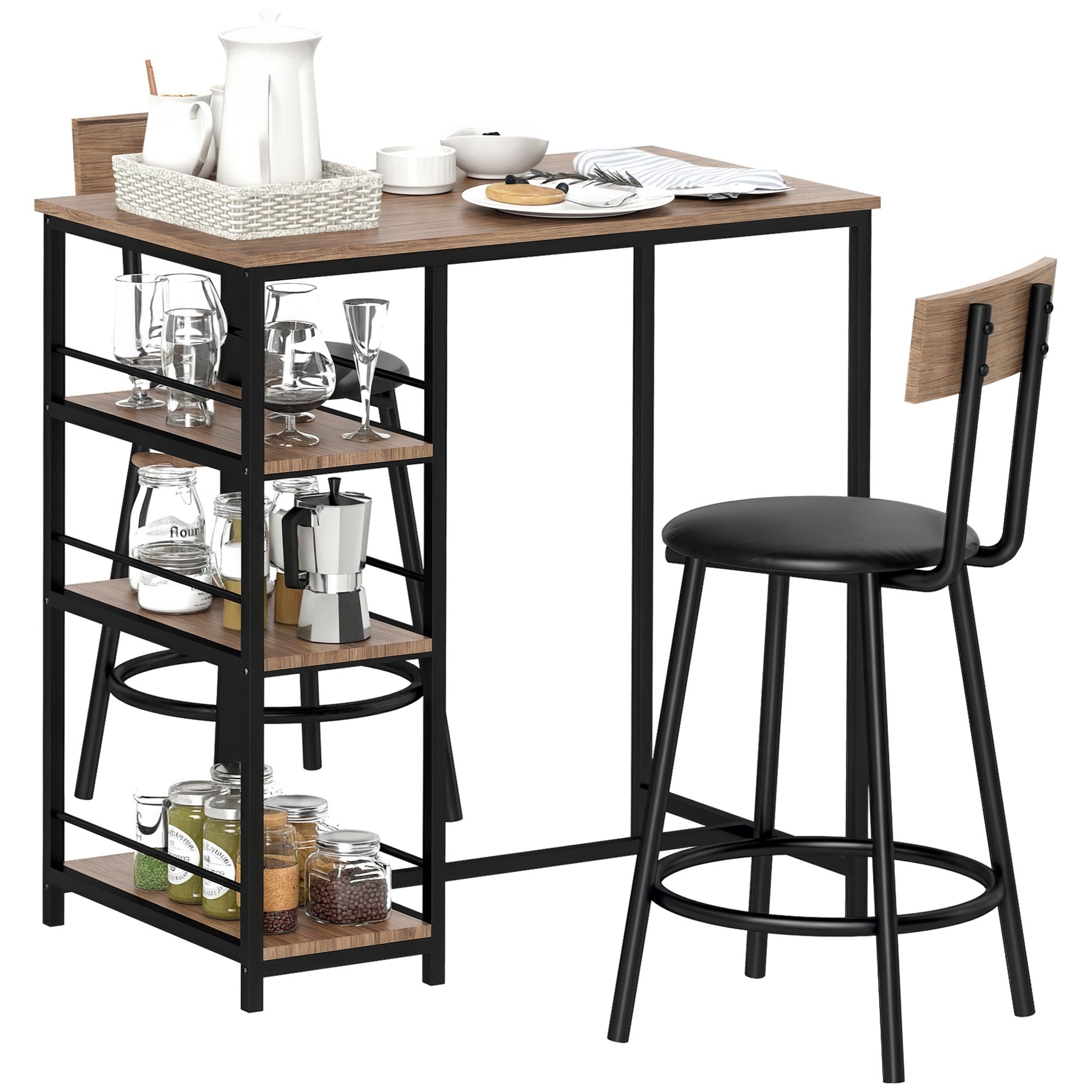 HOMCOM Bartisch mit Barstuhl-Set, Bartisch-Set für 2 Personen mit 2 gepolsterten Barhockern, Rückenlehne, Küchentisch mit 3 Regalen, im modernen Stil, Frühstückstresen für Esszimmer, Küche, Stahl, Eic