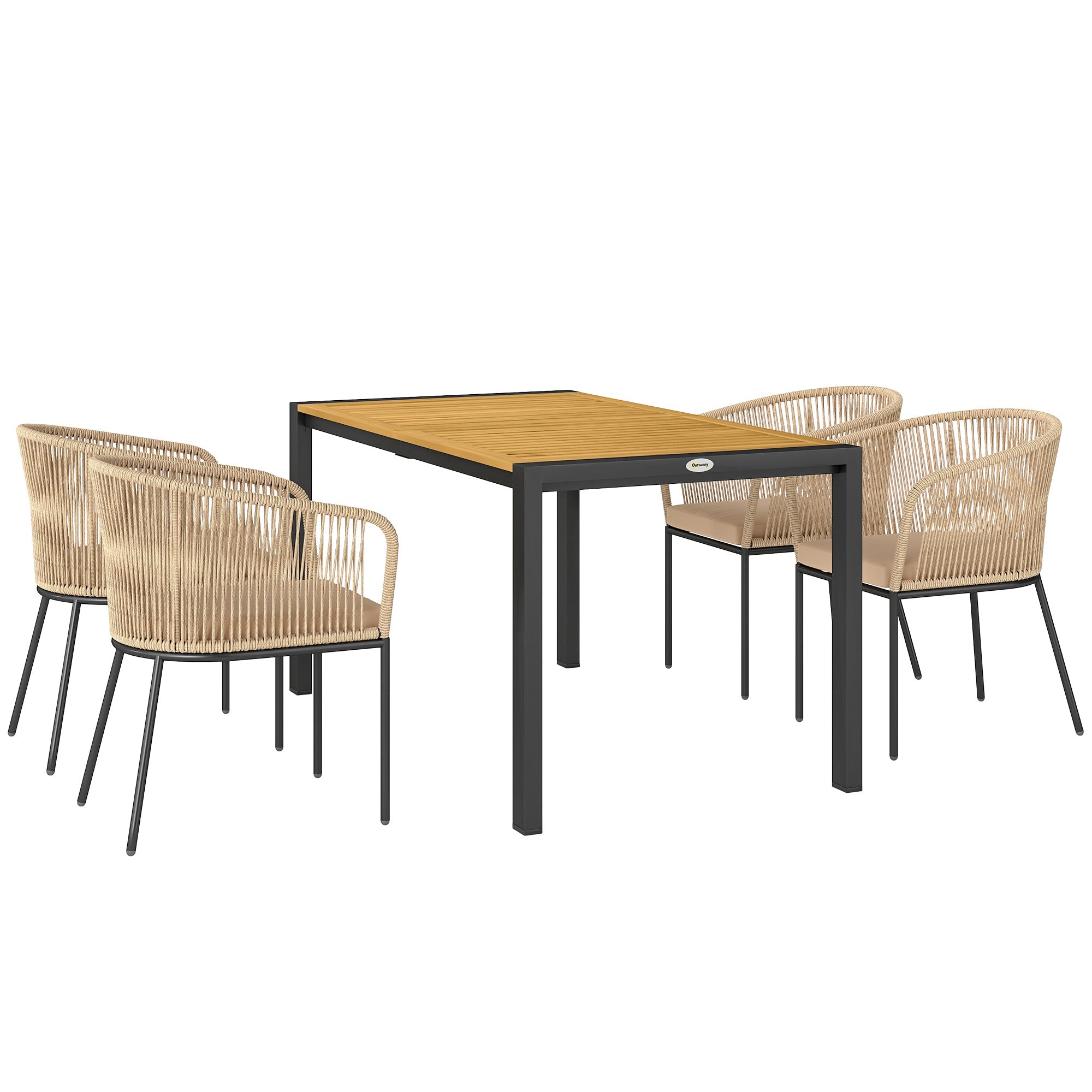 Outsunny 5-teiliges Poly Rattan Gartenmöbel Set für 4 Personen, wetterfestes Balkonmöbel mit Tisch, 4 Stühlen und abnehmbaren Sitzkissen, Loungeset für Balkon, Garten, Naturholz + Khaki