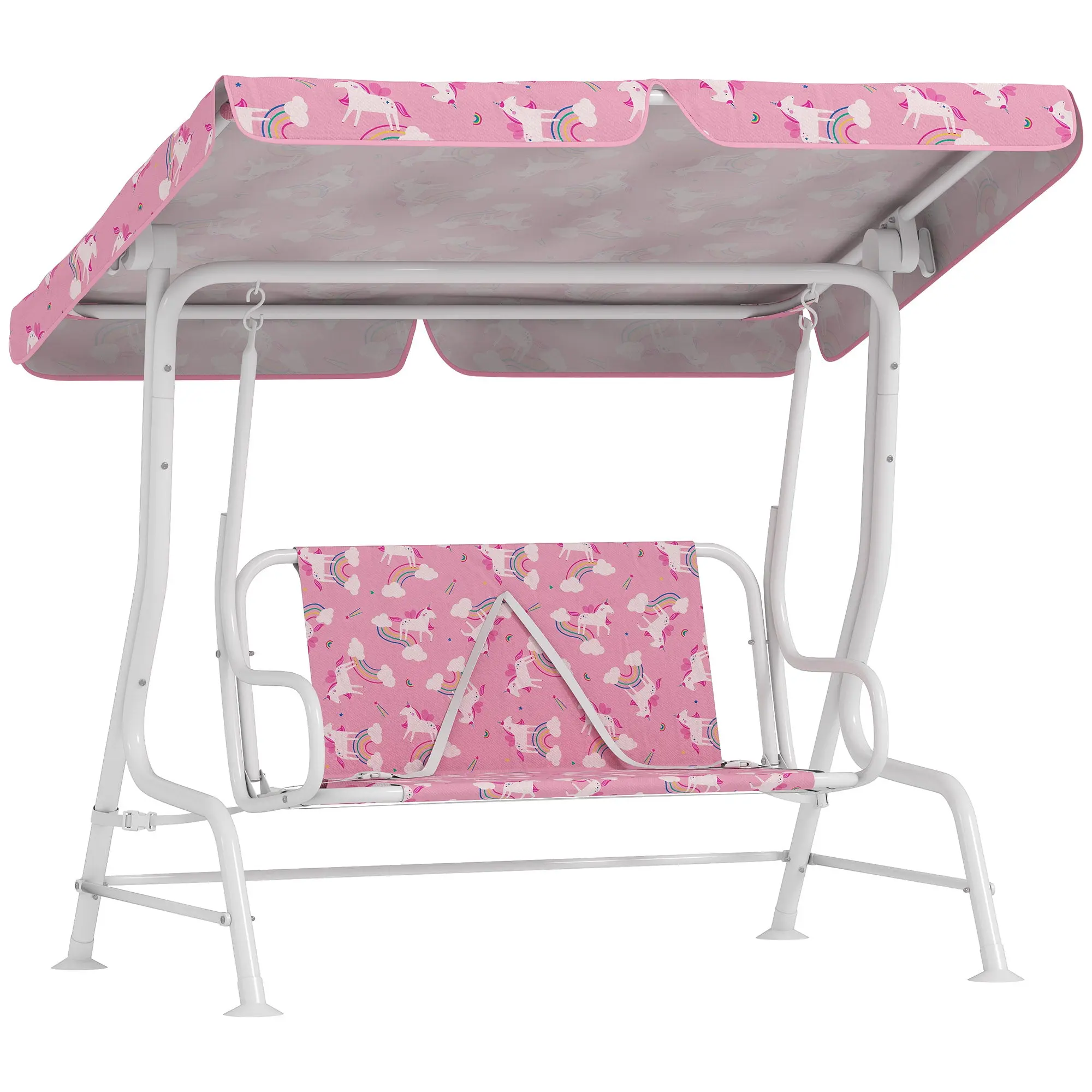 2-Seater Outdoor Garden Swing with Adjustable Canopy and Safety Belts — Unicorn & Rainbow, Pink — 44.1 x 29.5 x 47.2 in (112 x 75 x 120 cm)