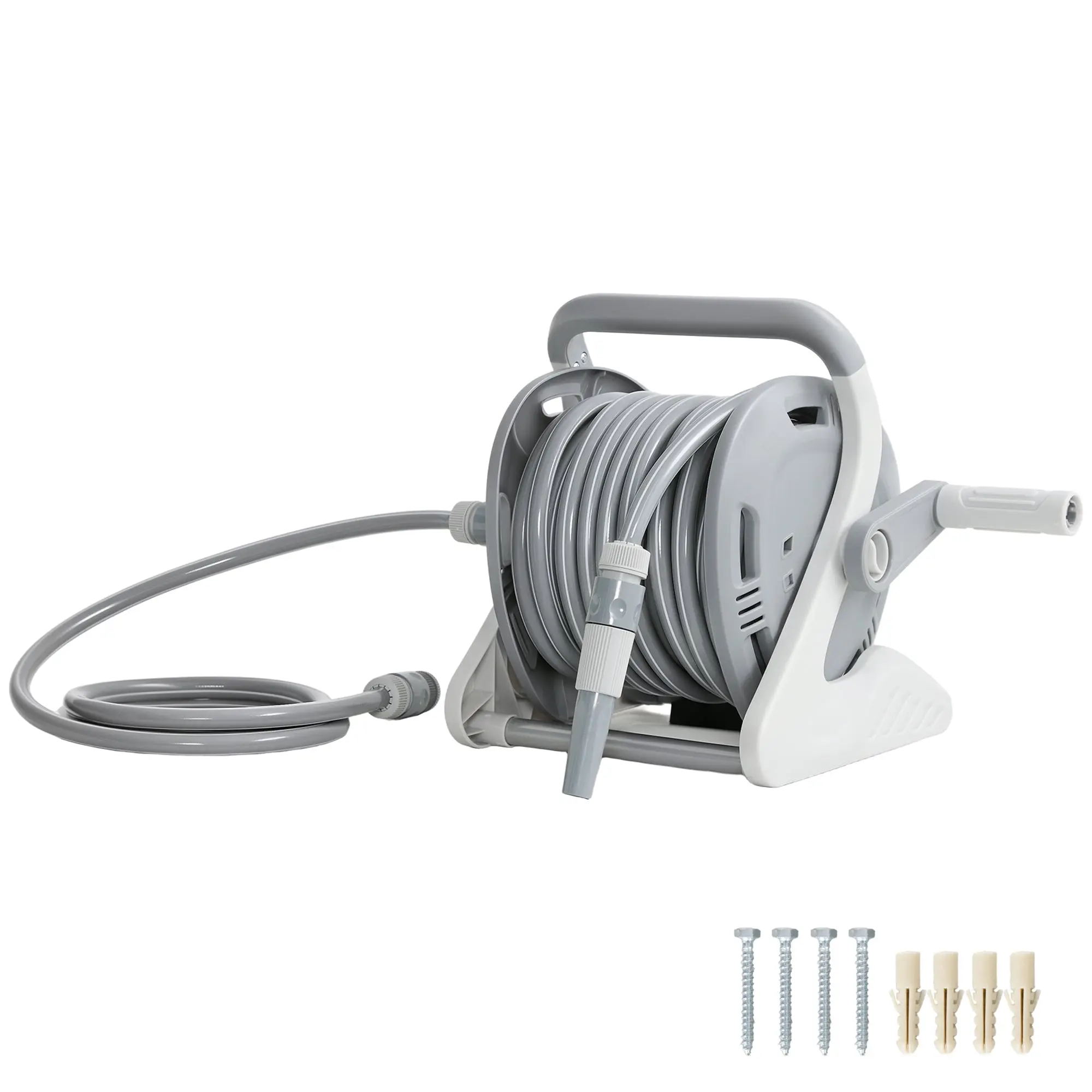 Wall & Portable Hose Reel 65 ft + 6.6 ft, 1/2 in (~15 mm) Hose, 2-Mode Spray Nozzle, Crank Retractor – Gray