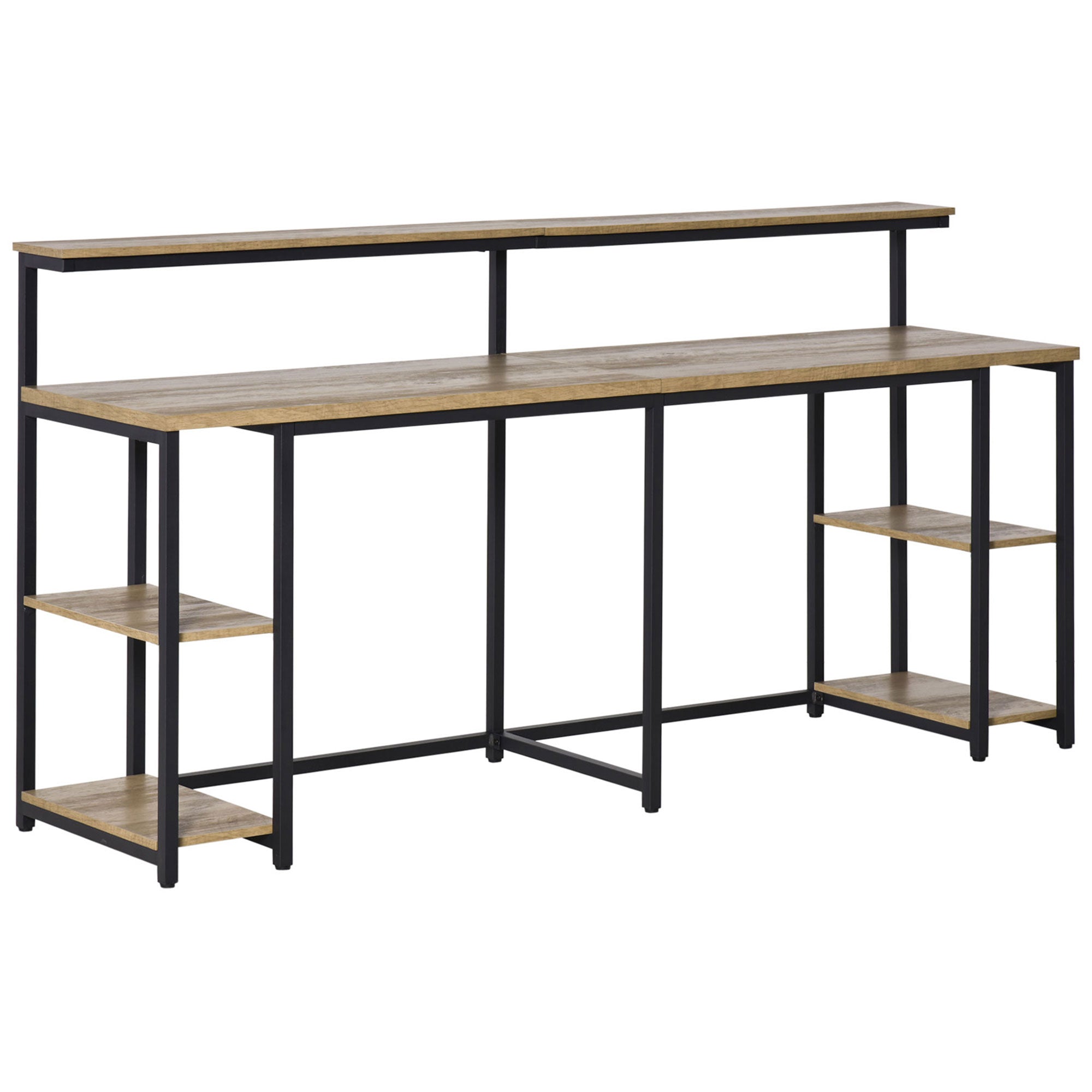 Double Desk with Shelves and Monitor Shelf in Industrial Style, Desk with Space-Saving Bookshelf for Office and Study in Metal and MDF, 200x53x100cm, Brown