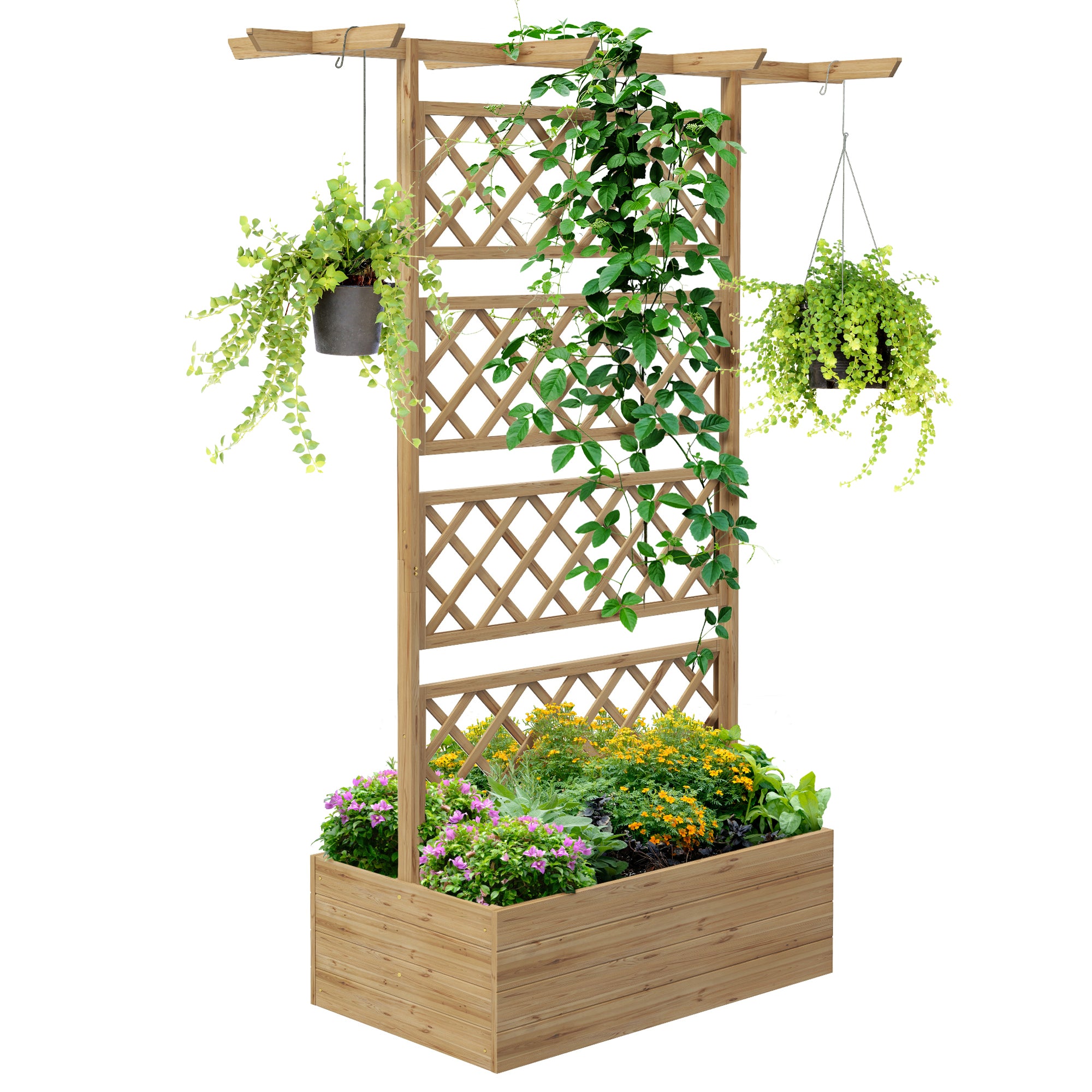 Outsunny Květináč s treláží pro popínavé rostliny, zeleninu a květiny - předolejované smrkové dřevo, rozměry 160L x 55Š x 183V cm, efekt přírodního dřeva
