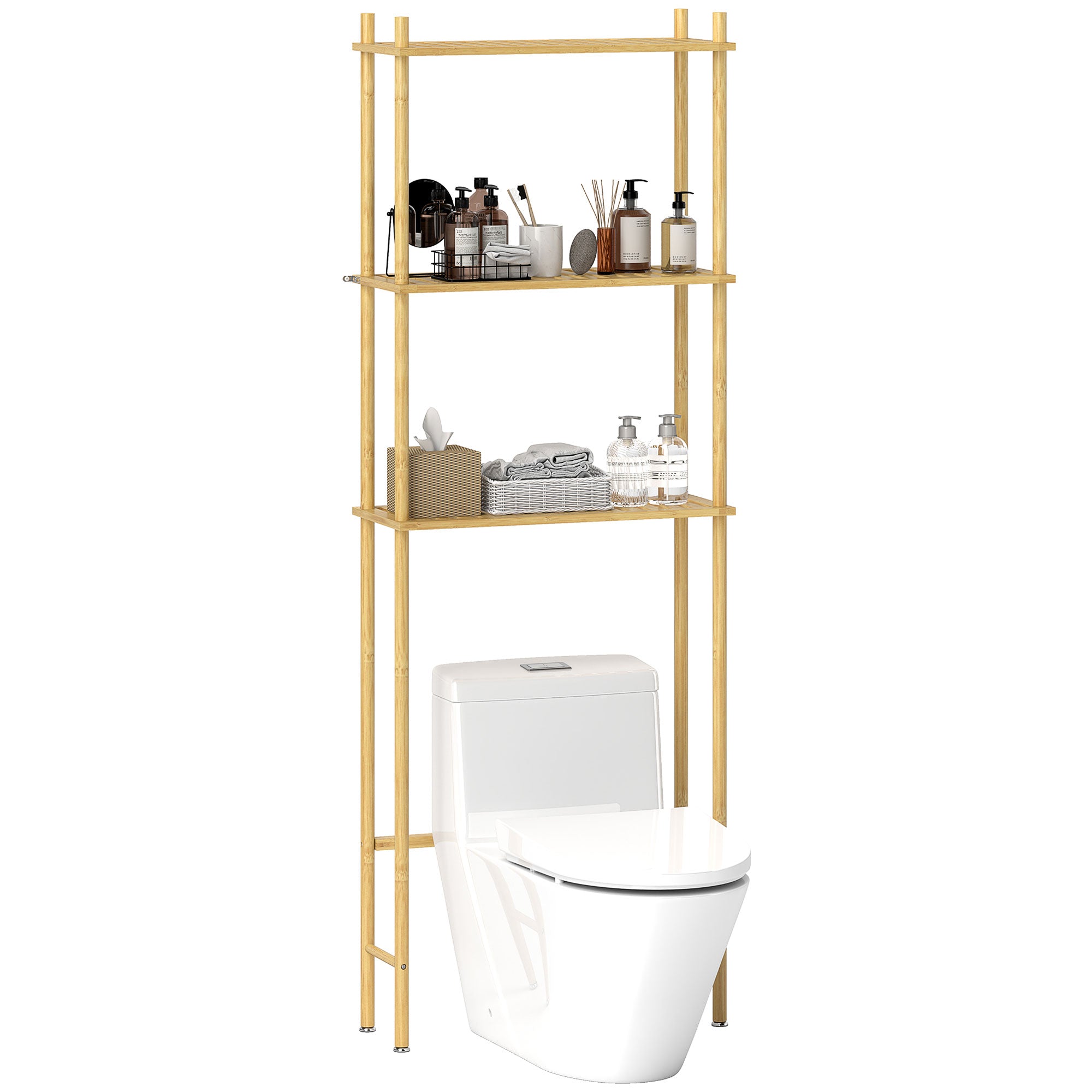 HOMCOM Badregal über der Toilette mit 3 Regalen, Badezimmer-Speicherregal aus Bambus, Regal über der Waschmaschine für den Hauswirtschaftsraum mit verstellbaren Füßen, natürliche Farbe