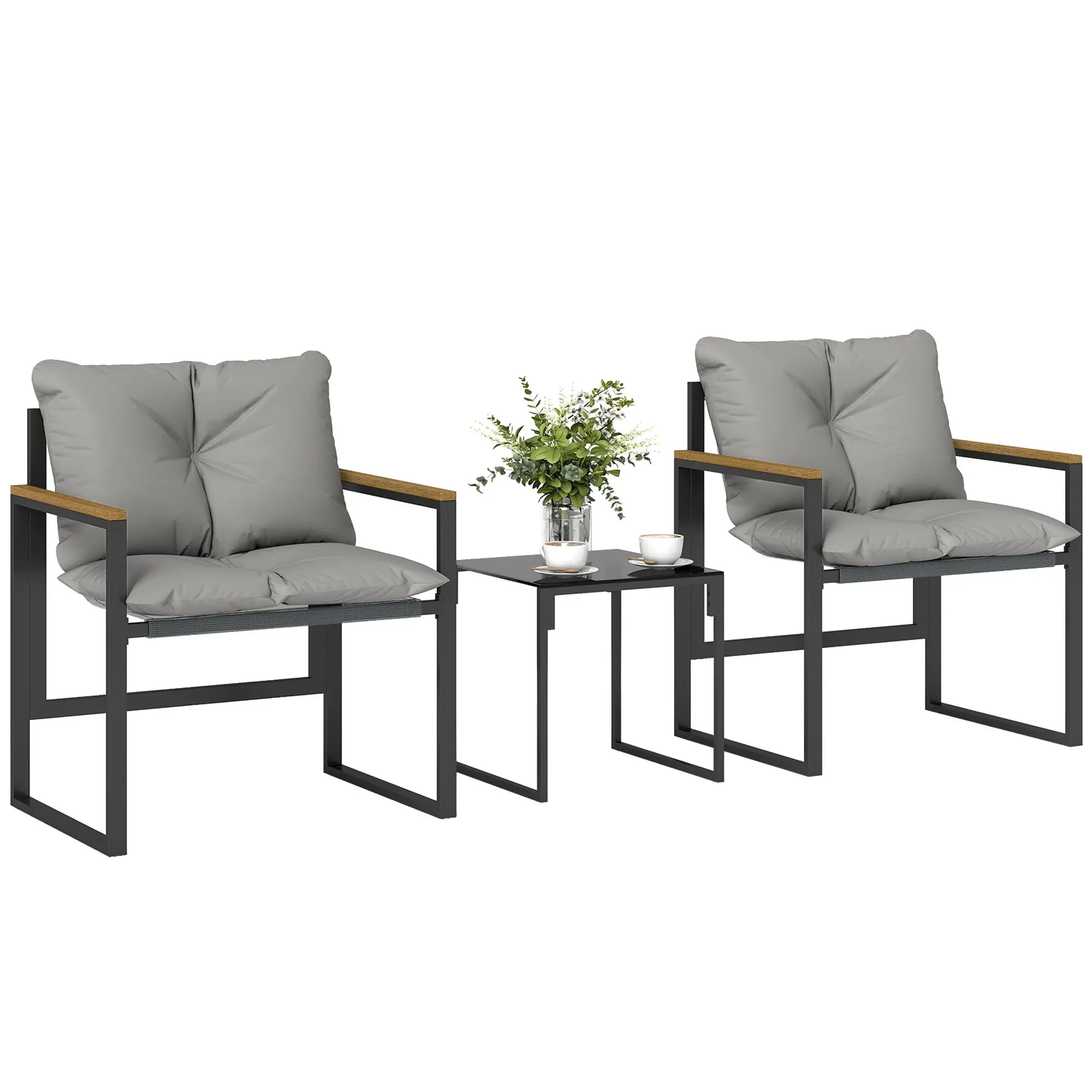 3-Piece 2-Seater Patio Set — 2 Armchairs & Coffee Table with Tempered Glass Top and Thick Cushions, Metal & Textilene, Gray