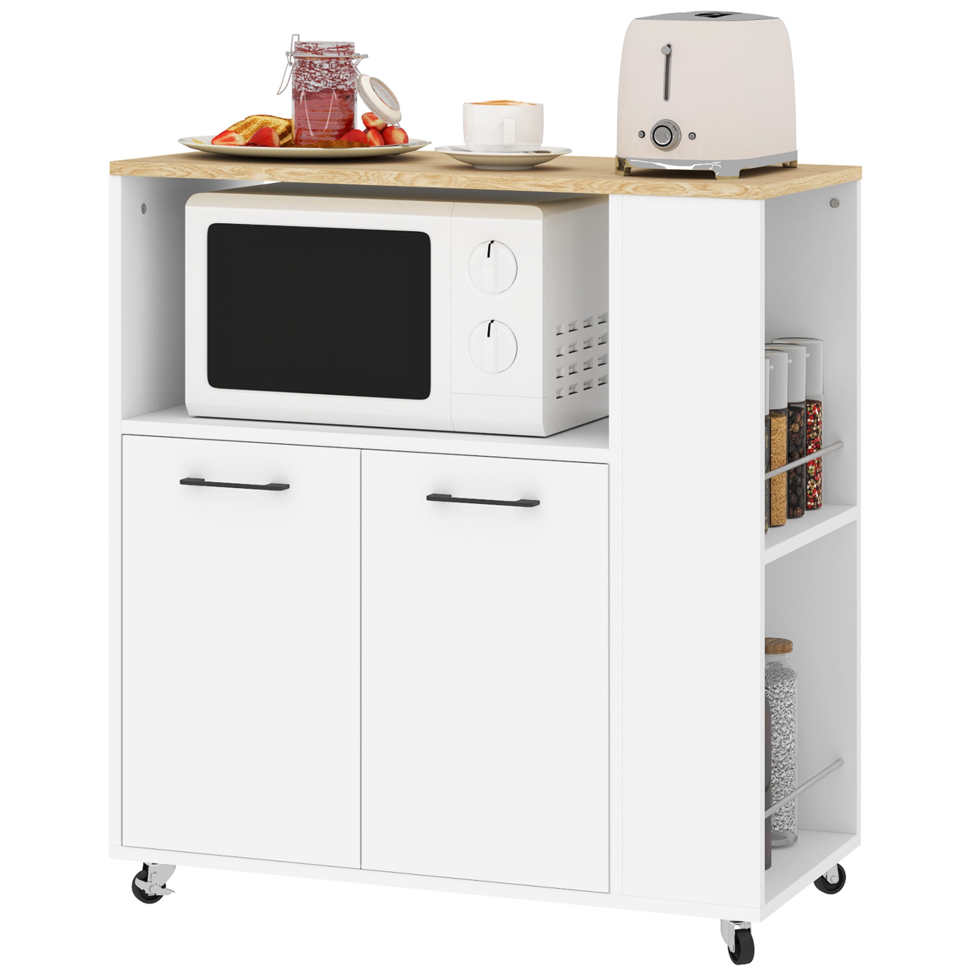 Kitchen Trolley with Open Shelf, 2-Door Cabinet and 2-Tier Side Shelf, Multi-Purpose Trolley with Adjustable Wooden Shelf, 75x40x80.5 cm, White and Oak Color