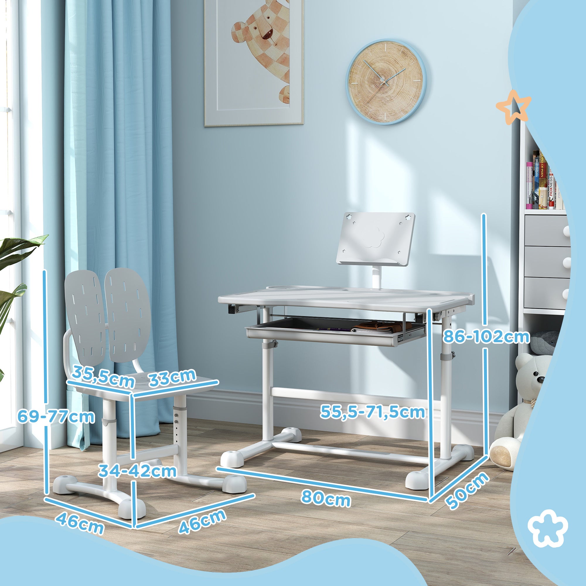 AIYAPLAY Kindertafel met Stoel, Set van Kindertafel en Stoel met Verstelbare Hoogte, 45° Kantelbare Tafel, Lade en Boekstandaard, voor Kinderen van 3-12 Jaar, Grijs