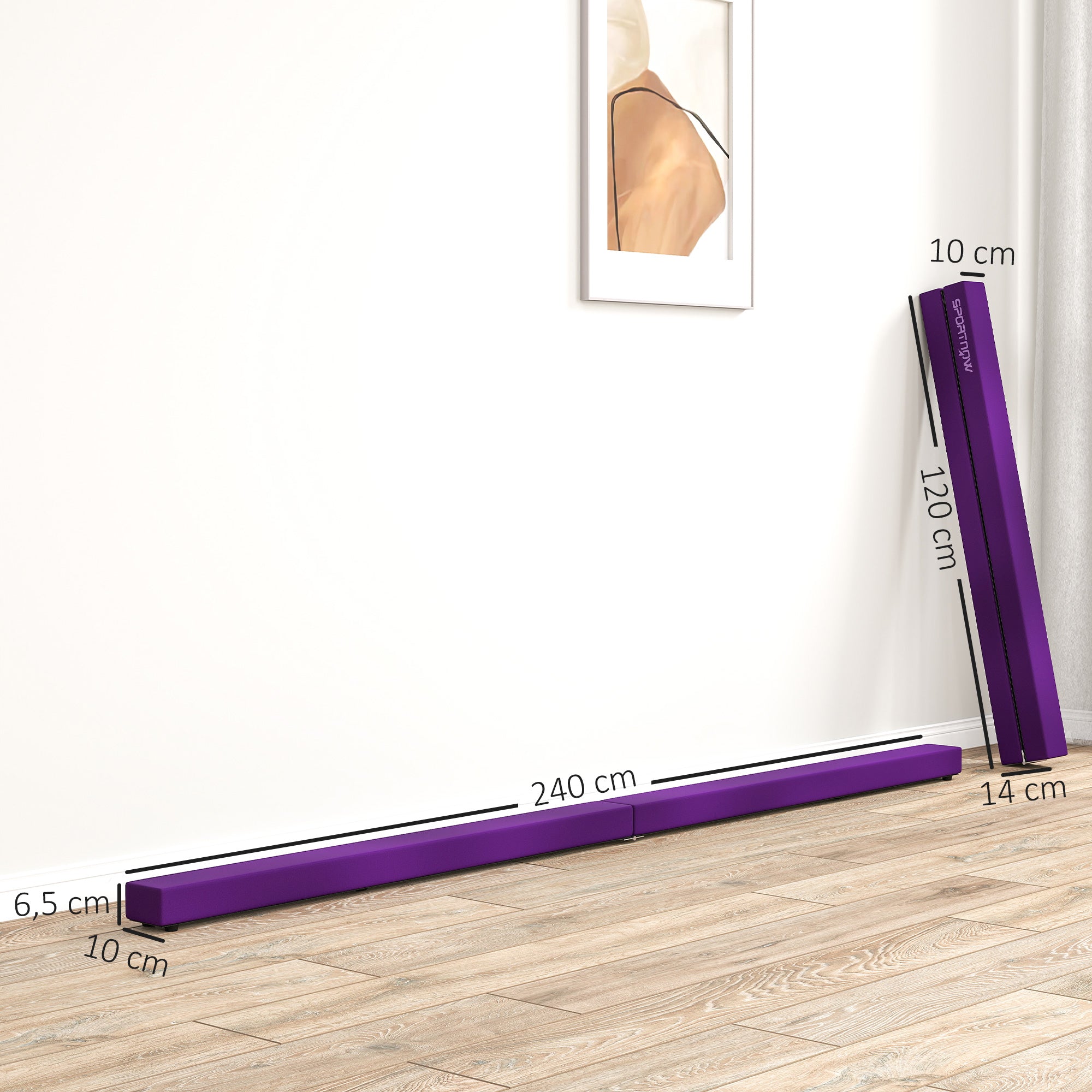 SPORTNOW Klappbare 240 cm Velvet Turnbalance für Kinder und Erwachsene, Stabiler Gymnastikstrahl mit Rutschfester Basis, Lila
