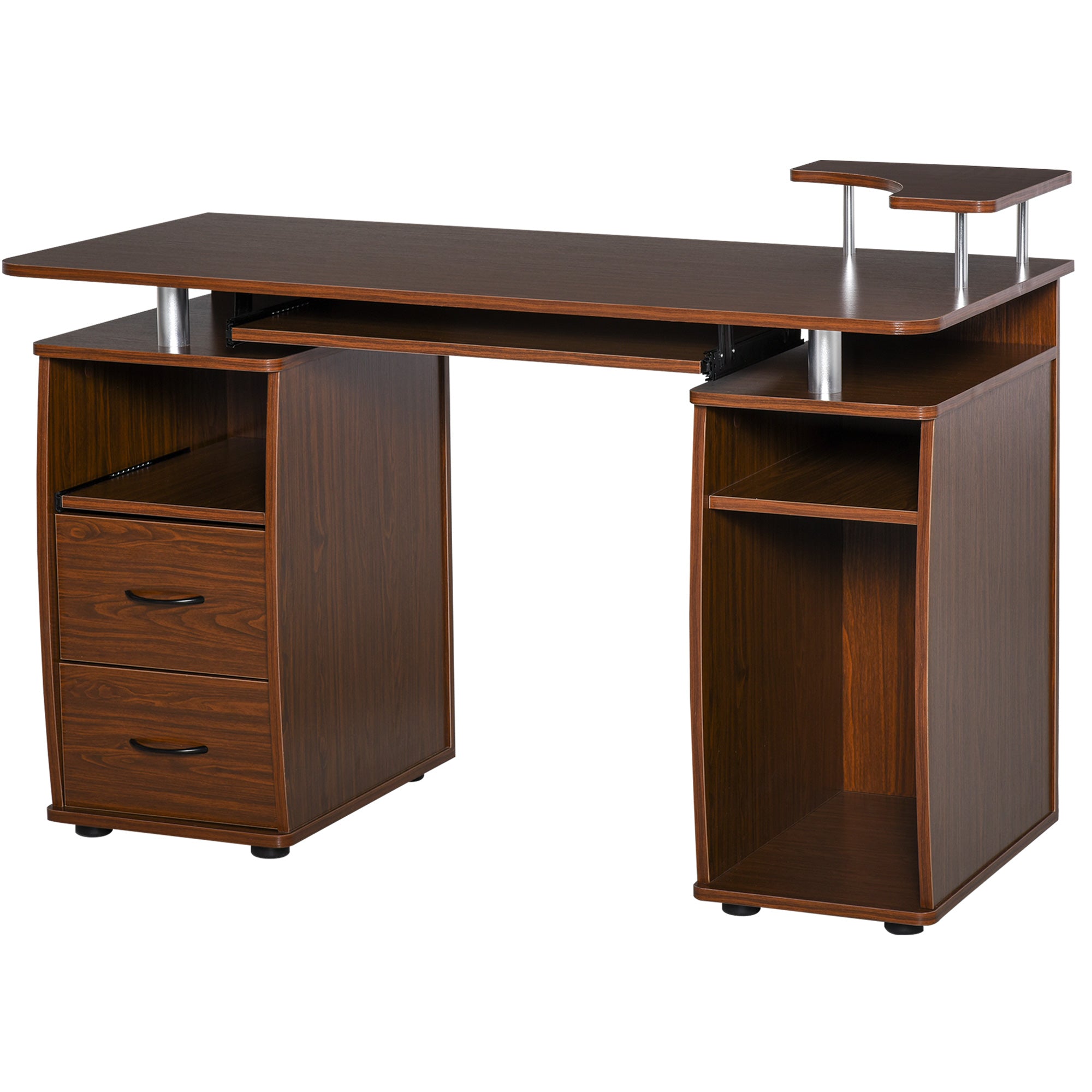 HOMCOM Computertisch 120 cm mit mehreren Regalen, 2 Schubladen, Tastaturablage, Monitor-Stand CPU-Halter 120x55x85 cm Braun