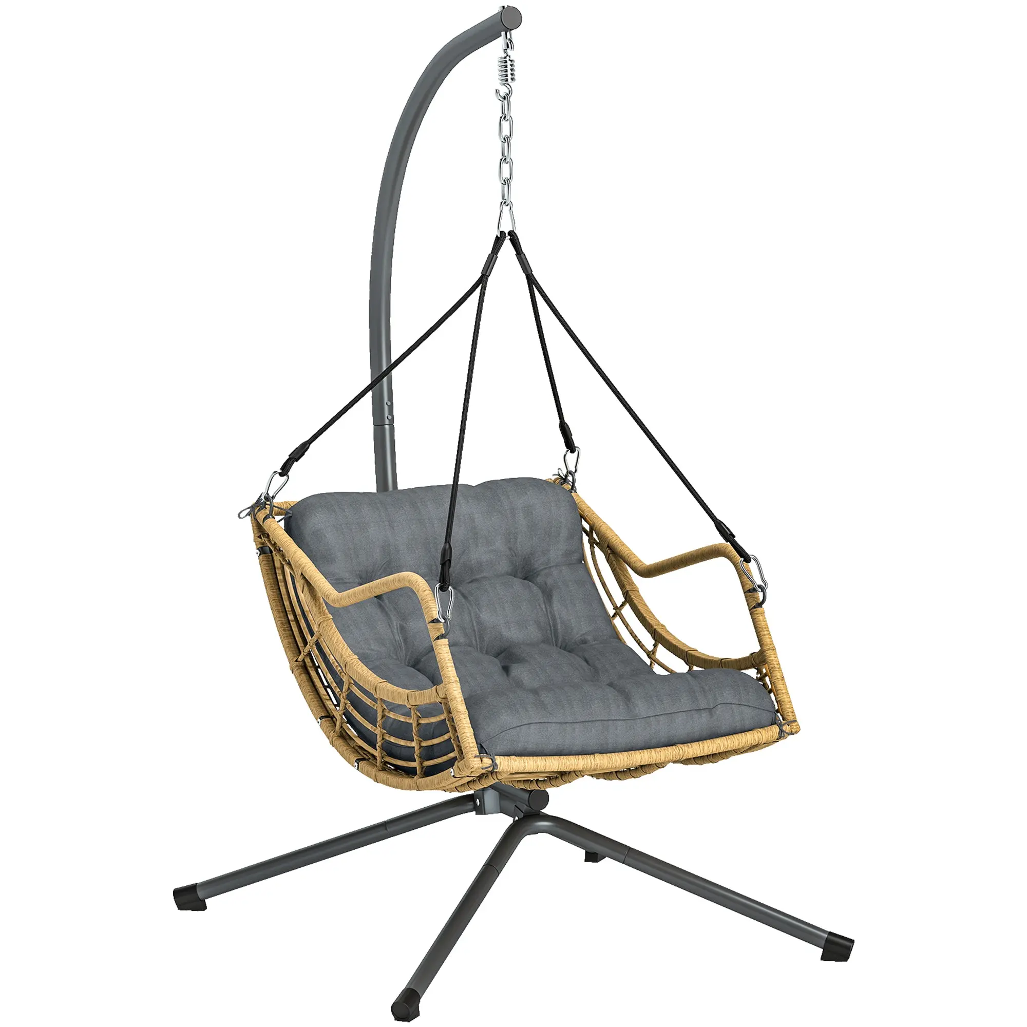 Woven Resin Hanging Chair with Stand — Hanging Hammock Swing Chair with Cushion, Safety Strap, Adjustable Height, Steel Frame — Indoor/Outdoor, Gray