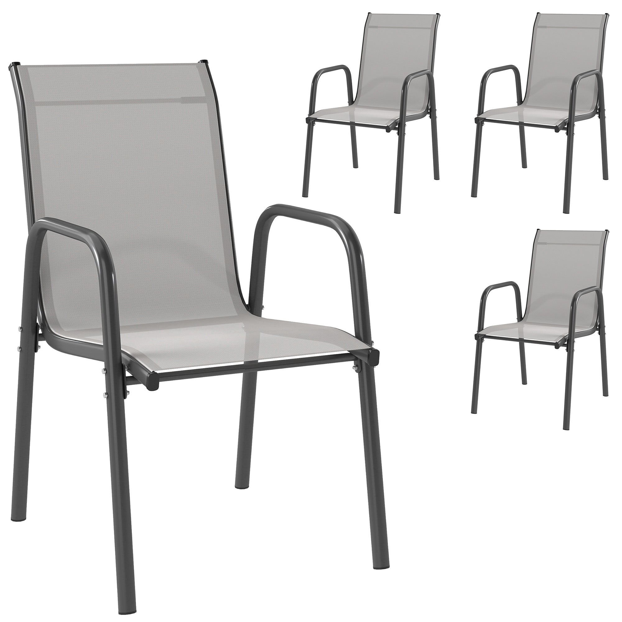 Outsunny 4-osainen puutarhatuolisetti — pinottavat parvekkeentuolit, hengittävä selkänoja, käsinojat, säänkestävä, kantavuus 120 kg — 51 x 69 x 87 cm — Vaaleanharmaa