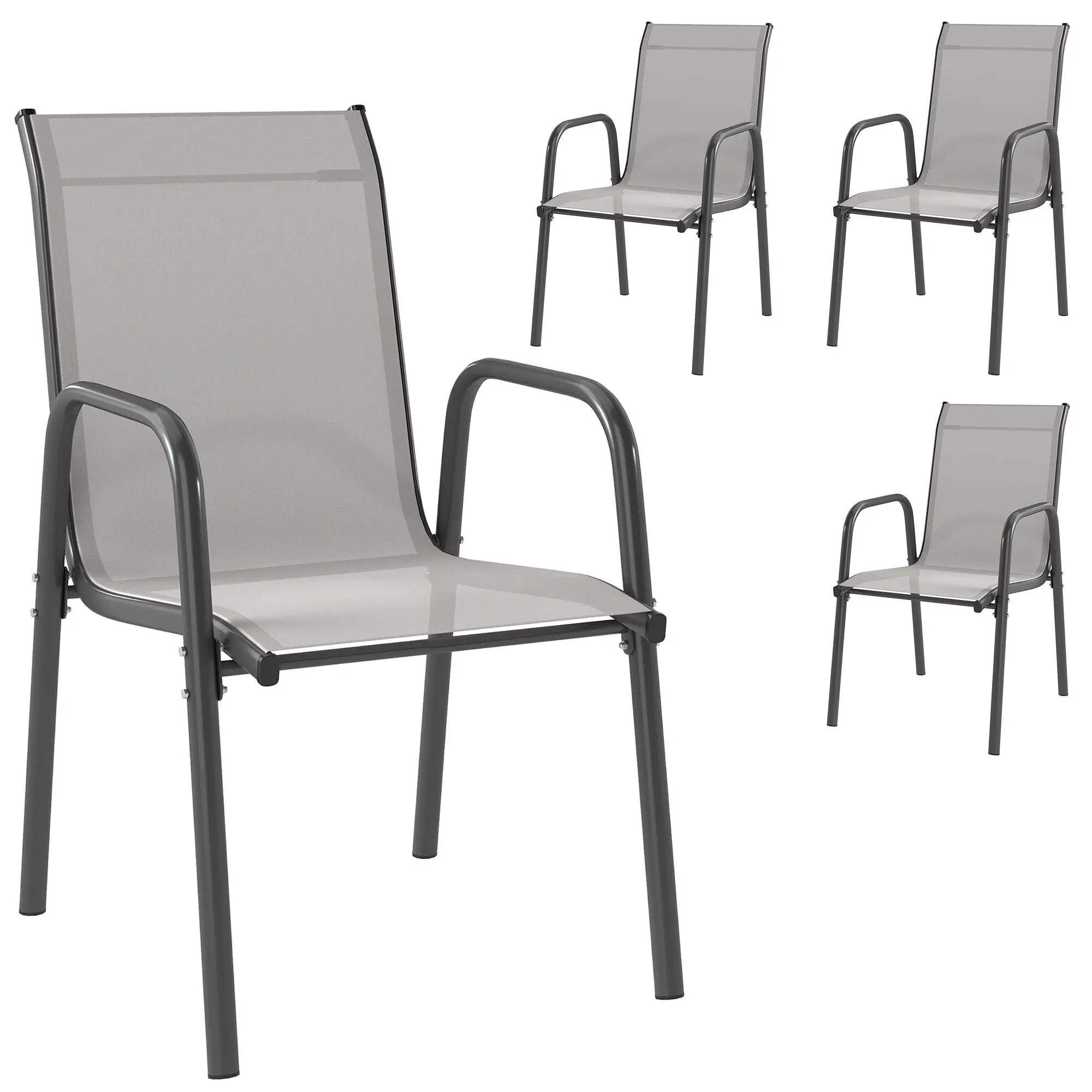 Garden Chairs 4-Piece Set — Stackable Patio Chairs with Breathable Backrest, Armrests, Weather-Resistant, 265 lb Capacity, Stackable for Garden/Balcony/Terrace — 20.1 x 27.2 x 34.3 in — Light Gray