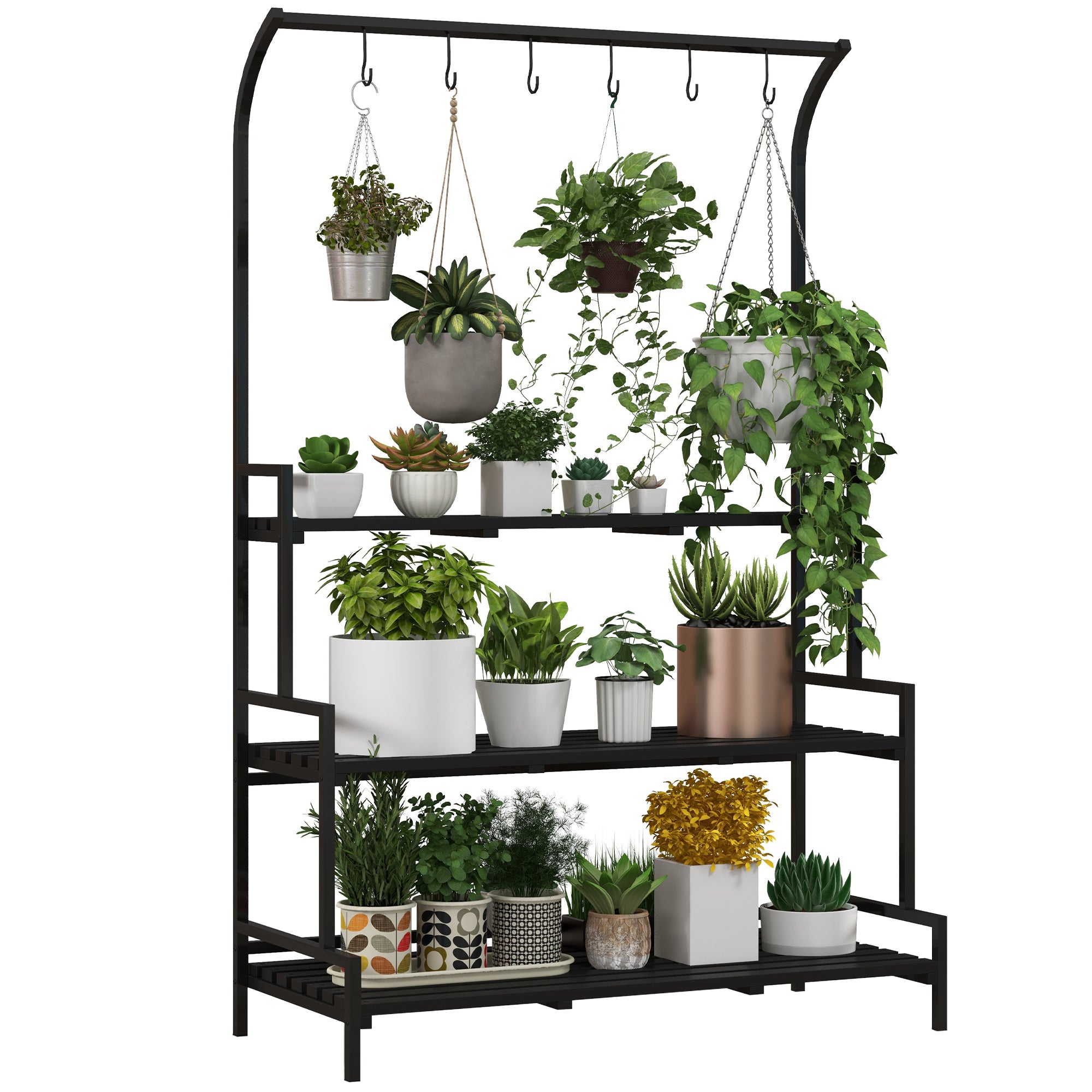 3-Tier Plant Stand, 170 cm High Flower Stand with Hooks, Flower Rack for Indoor, Steel Plant Stand, Flower Steps Plant Pot Stand for Living Room, Garden Balcony Decor, Black