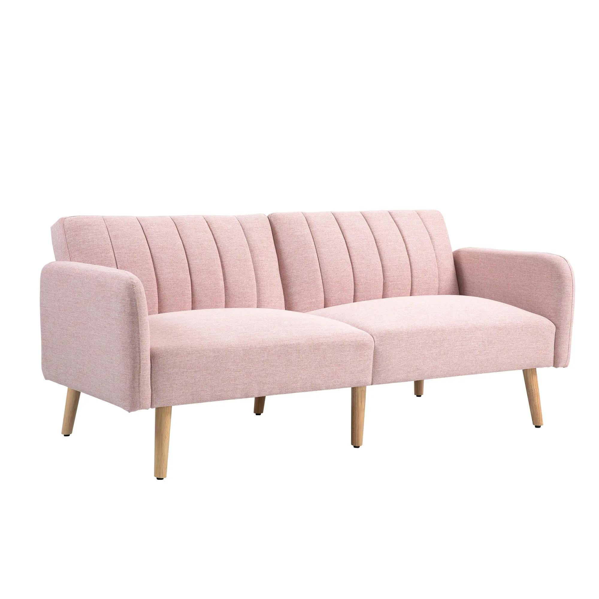 2 Seater Sofa Bed, Convertible Folding Sofa with 3-Position Split Backrest, Removable Armrests, Linen-Feel Fabric, Wooden Legs, Pink, 173 x 75 x 73 cm