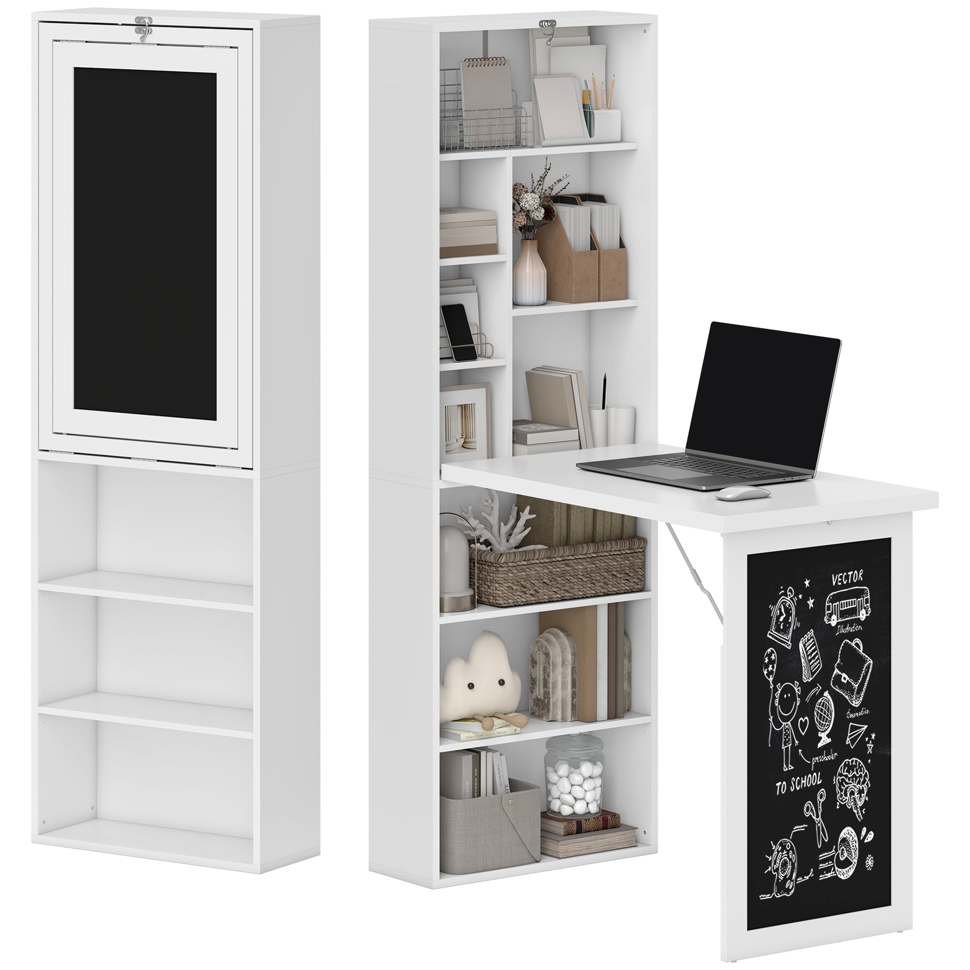 Folding Desk Wall Mounted Desk Foldable Computer Desk with Storage Bookshelf Space Saving Desk with Chalkboard Adjustable Shelf White
