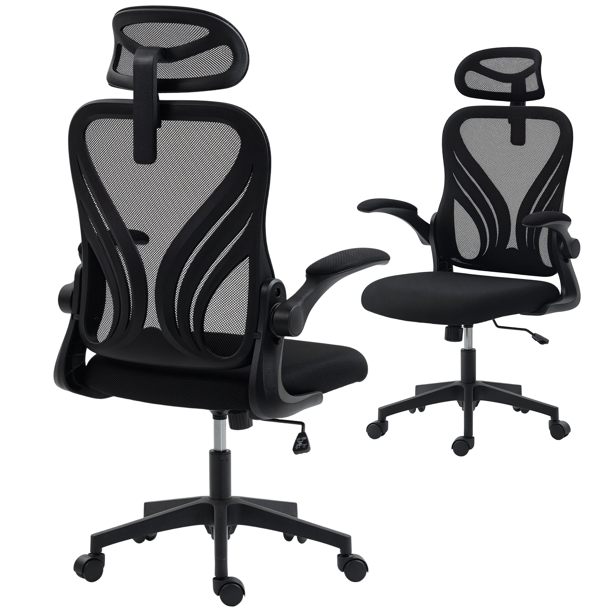 HOMCOM ergonominė biuro kėdė, tinklinė kėdė prie stalo su sulankstomu atlošu, 2D reguliuojama galvos atrama, pakeliami porankiai, juosmens atrama, sūpynės funkcija ir 360° sukimas — šviesiai pilka