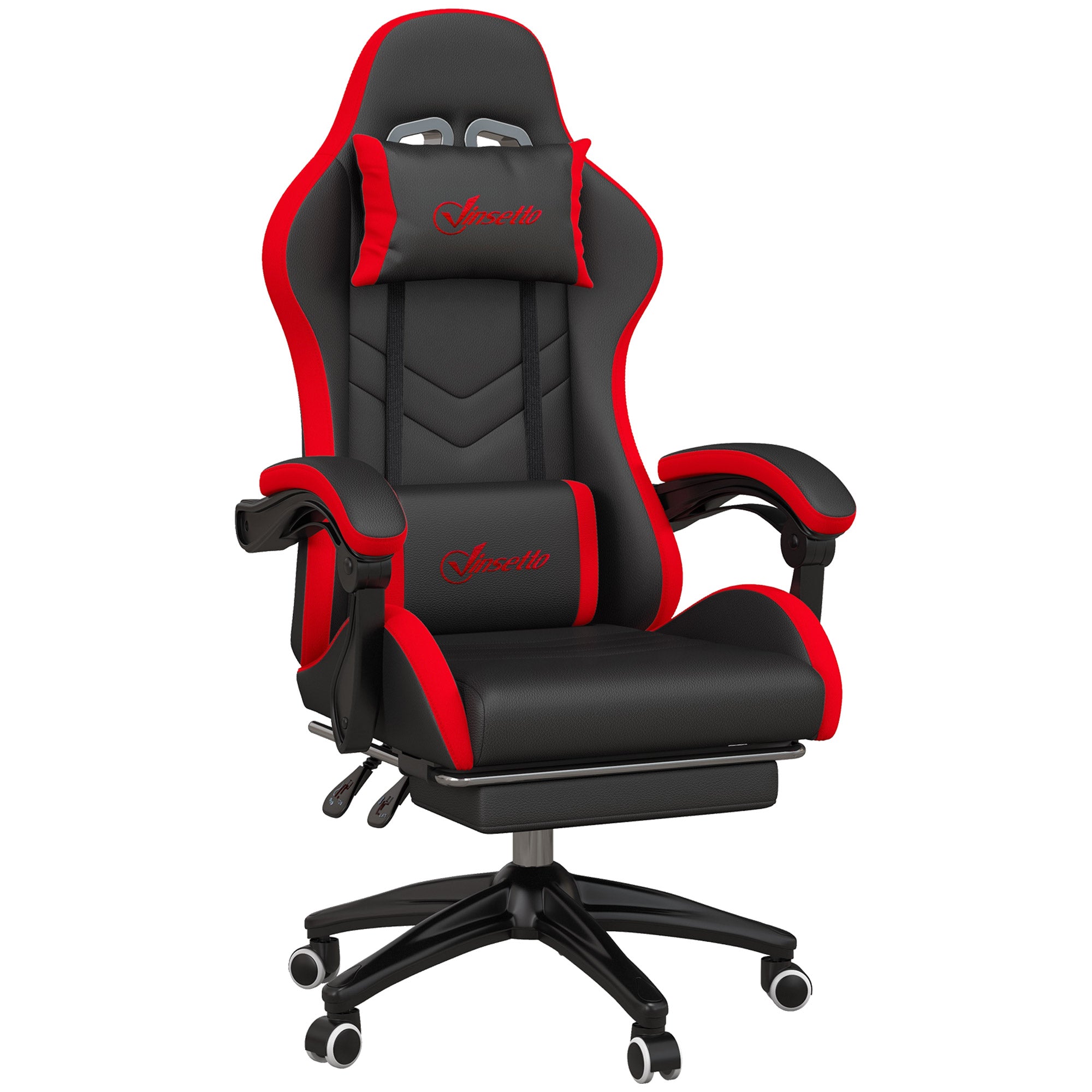 Vinsetto Ergonomischer Gaming-Stuhl aus PU-Leder und Stahl mit Kopfstütze, verstellbarer Höhe, neigbarem Rückenlehne und Lendenkissen, 65x65x121-129 cm, Schwarz und Rot