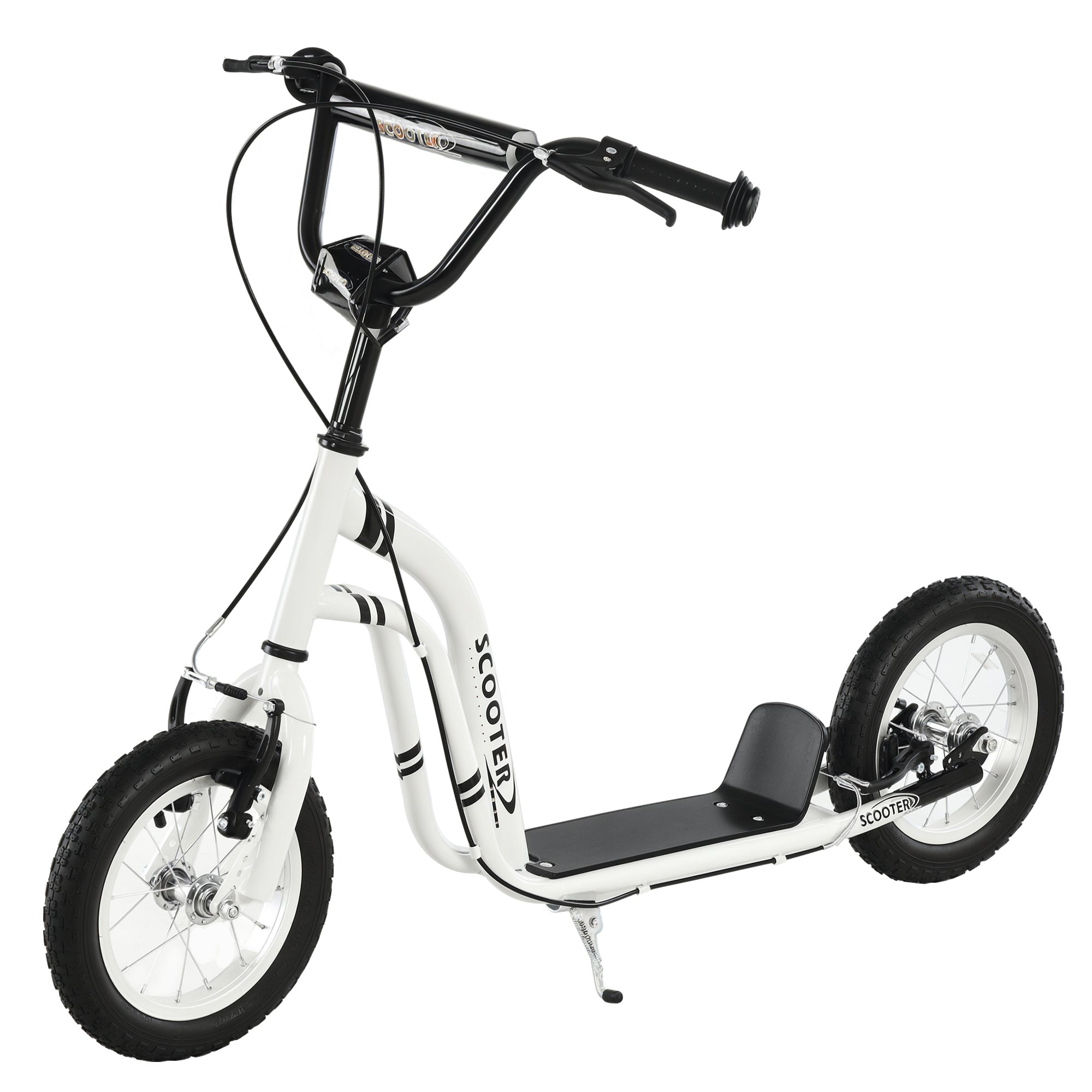 HOMCOM Motoroleris vaikams nuo 5 metų su 2 gumos pripučiamais ratais, vairo stabdžiais, reguliuojamu neslidžiu pedalu 120x58x85-95 cm Balta