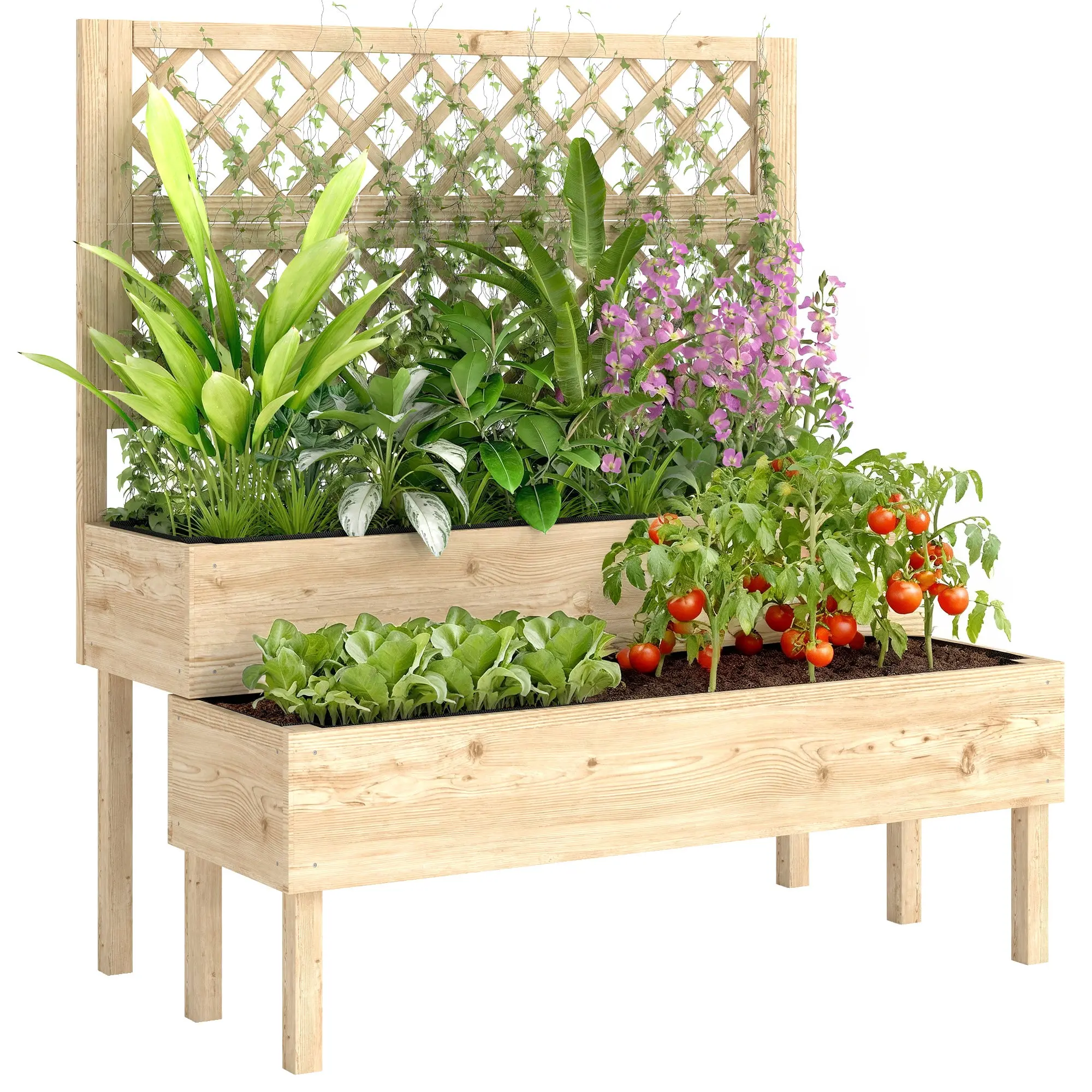 2-Tier Raised Planter with Trellis 2 Fabric-Lined Wooden Plant Boxes for Climbing Plants, 108 x 62 x 120 cm (42.5 x 24.4 x 47.2 in)