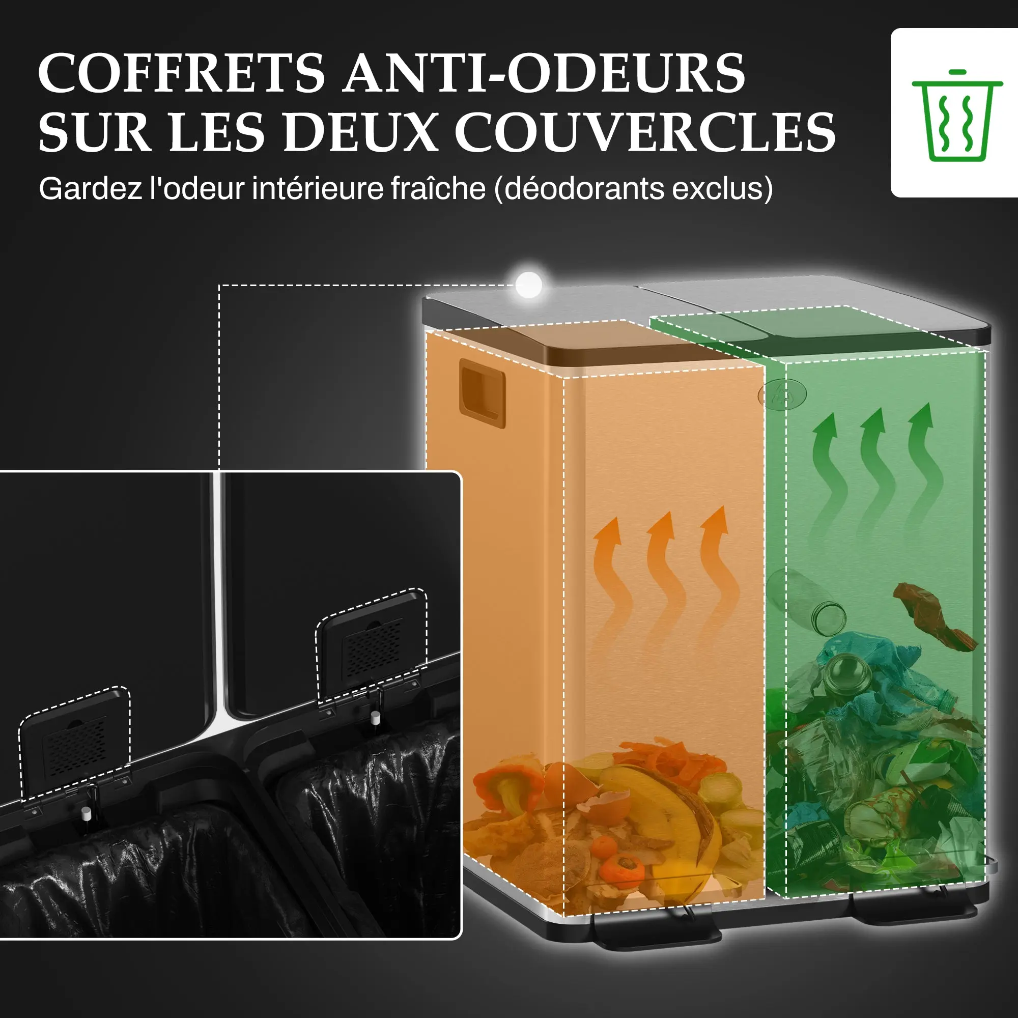 Double Compartment Kitchen Trash Can, 2 x 20L, Stainless Steel Pedal Trash Can, 2 Soft-Closing Lids, Removable Inner Buckets, and Fingerprint-Proof Handles 45.8x36x51.6cm